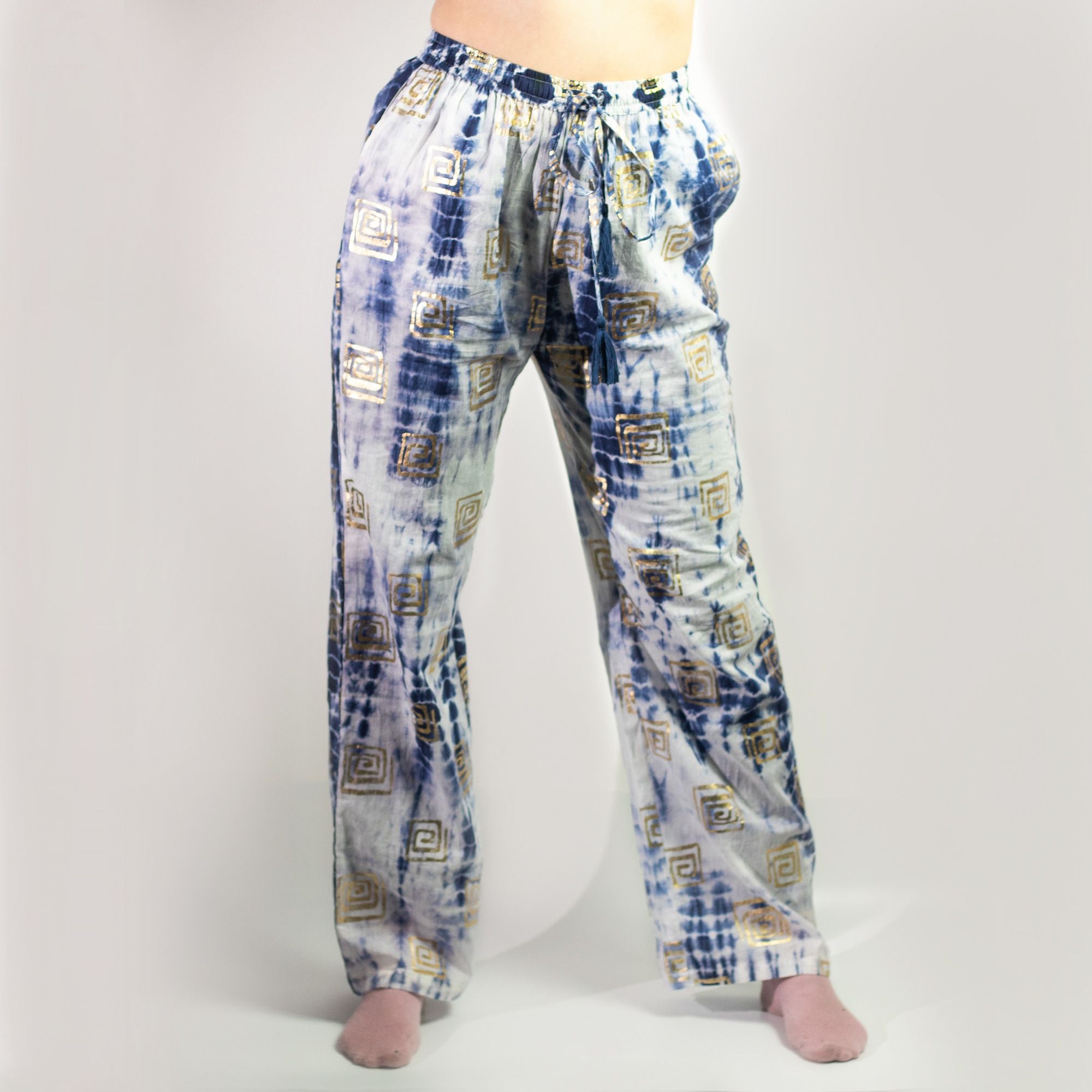 Nomad Sari Lounge Pants (L/XL) – Blue Tie-Dye with Gold Greek Motif 🇬🇧