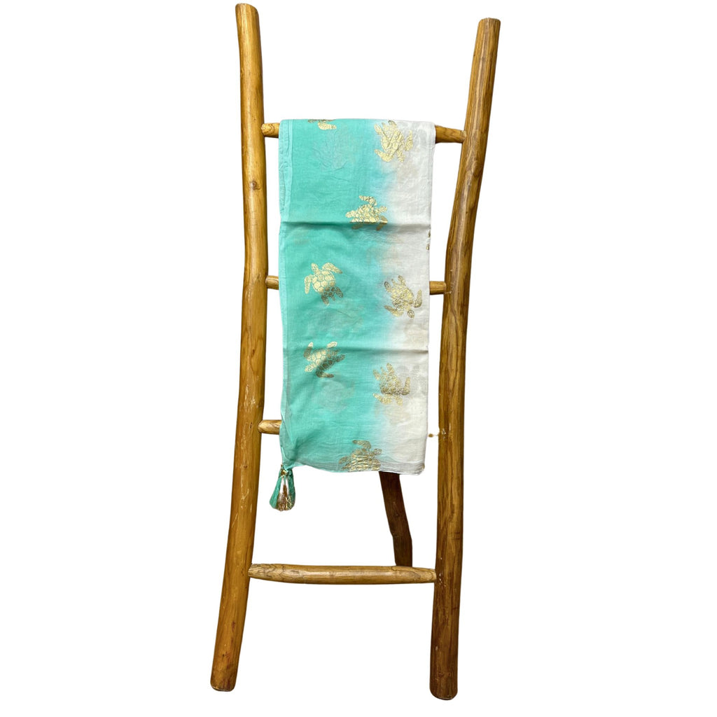 Nomad Sari Pareo – White & Turquoise with Gold Turtle Print 🇬🇧