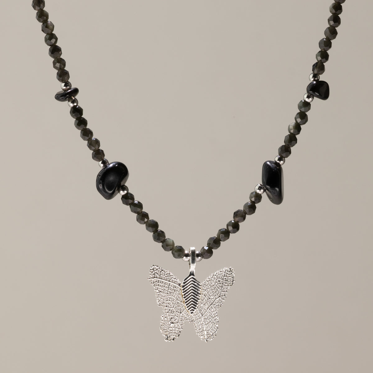 Nymph Black Obsidian Gemstone Necklace with Real Leaf Butterfly Pendant 🇬🇧