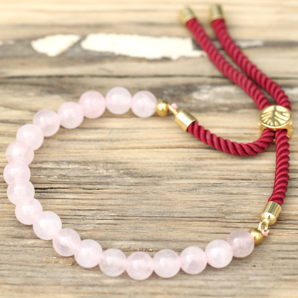 18K Gold Plated Gemstone Bordeaux String Bracelet - Rose Quartz 🇬🇧