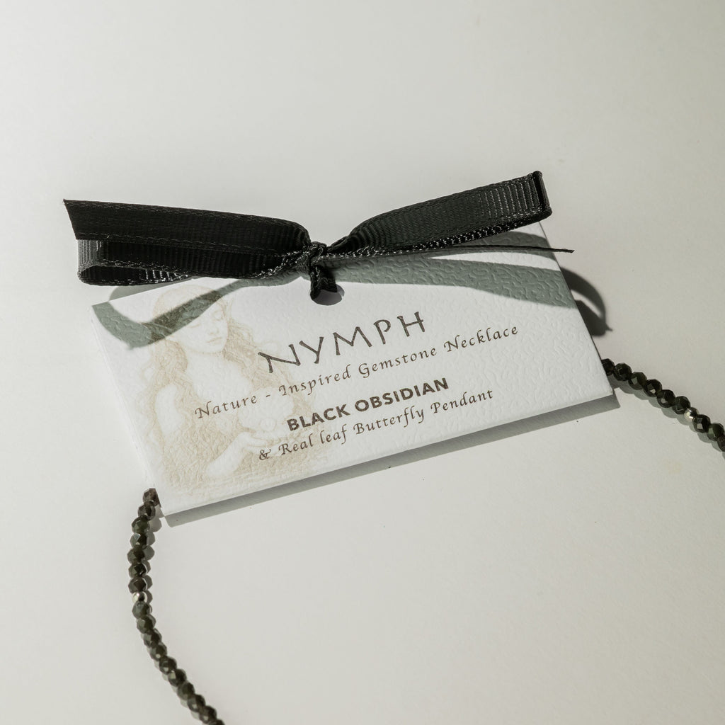 Nymph Black Obsidian Gemstone Necklace with Real Leaf Butterfly Pendant 🇬🇧