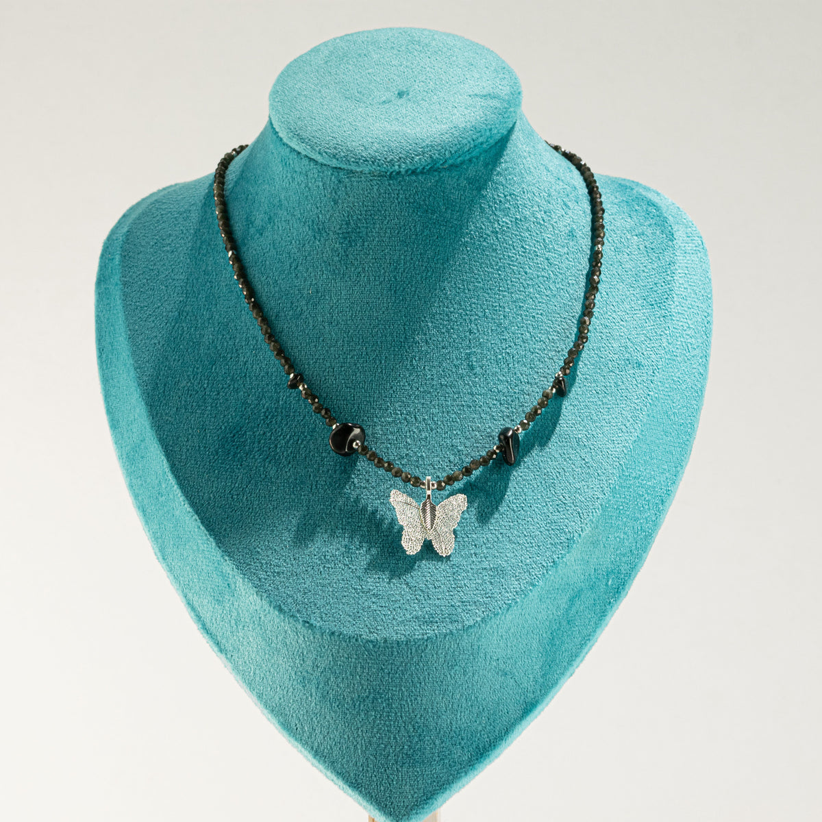 Nymph Black Obsidian Gemstone Necklace with Real Leaf Butterfly Pendant 🇬🇧