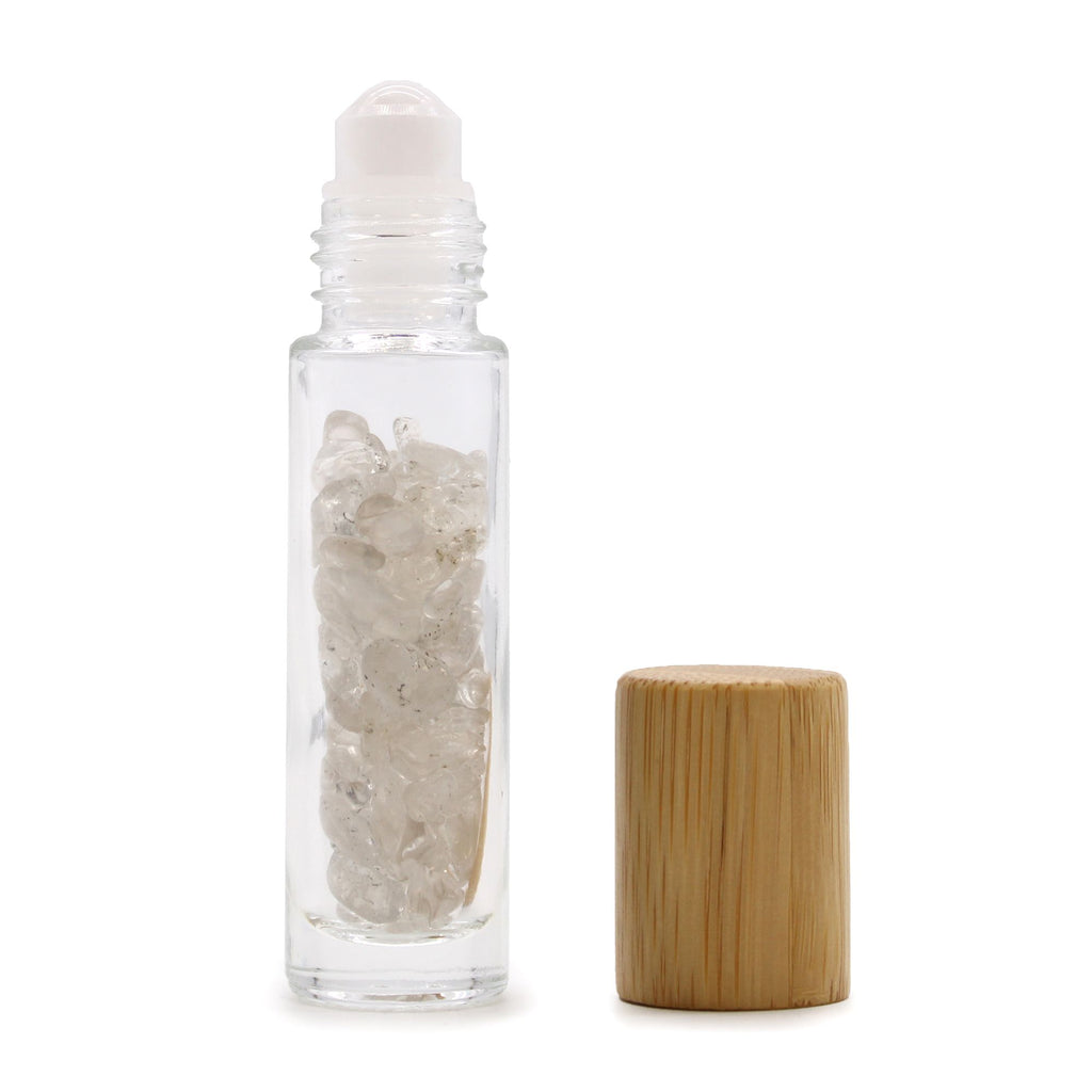 Gemstone Essential Oil Roller Bottle - Rock Quartz  - Wooden Cap 🇬🇧
