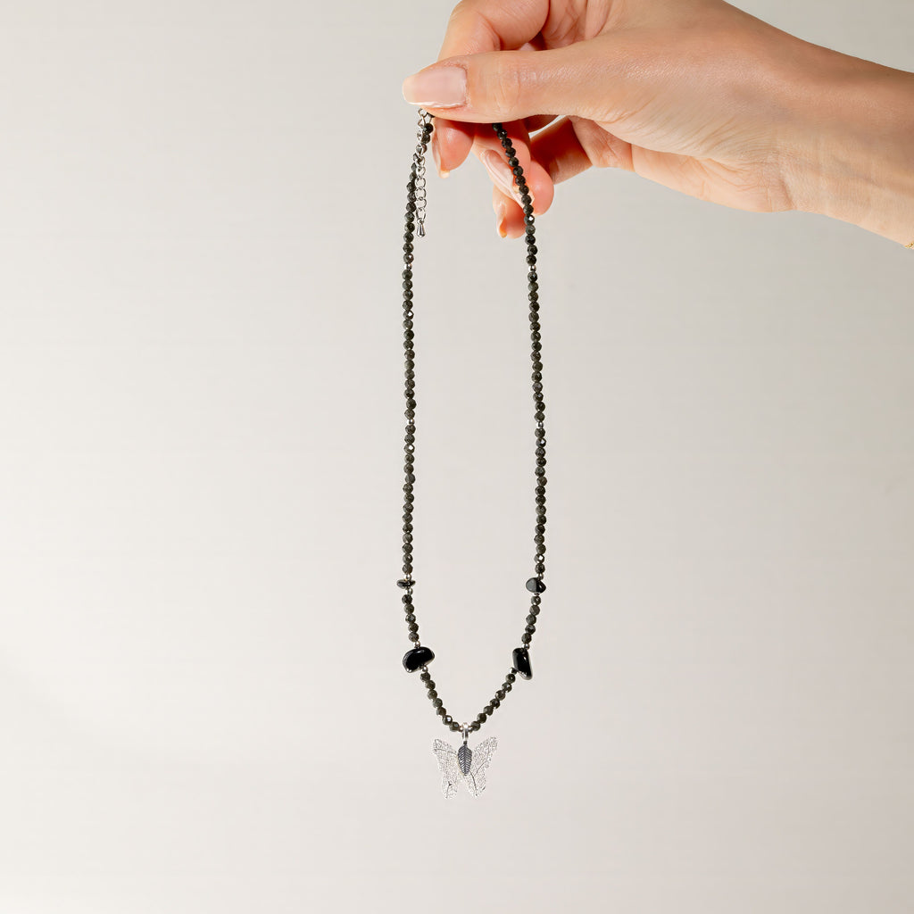 Nymph Black Obsidian Gemstone Necklace with Real Leaf Butterfly Pendant 🇬🇧