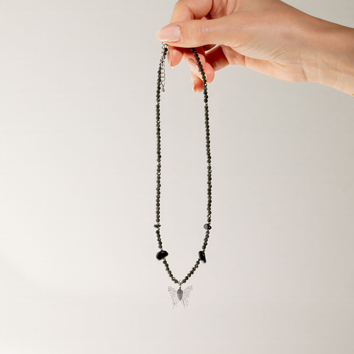 Nymph Black Obsidian Gemstone Necklace with Real Leaf Butterfly Pendant 🇬🇧