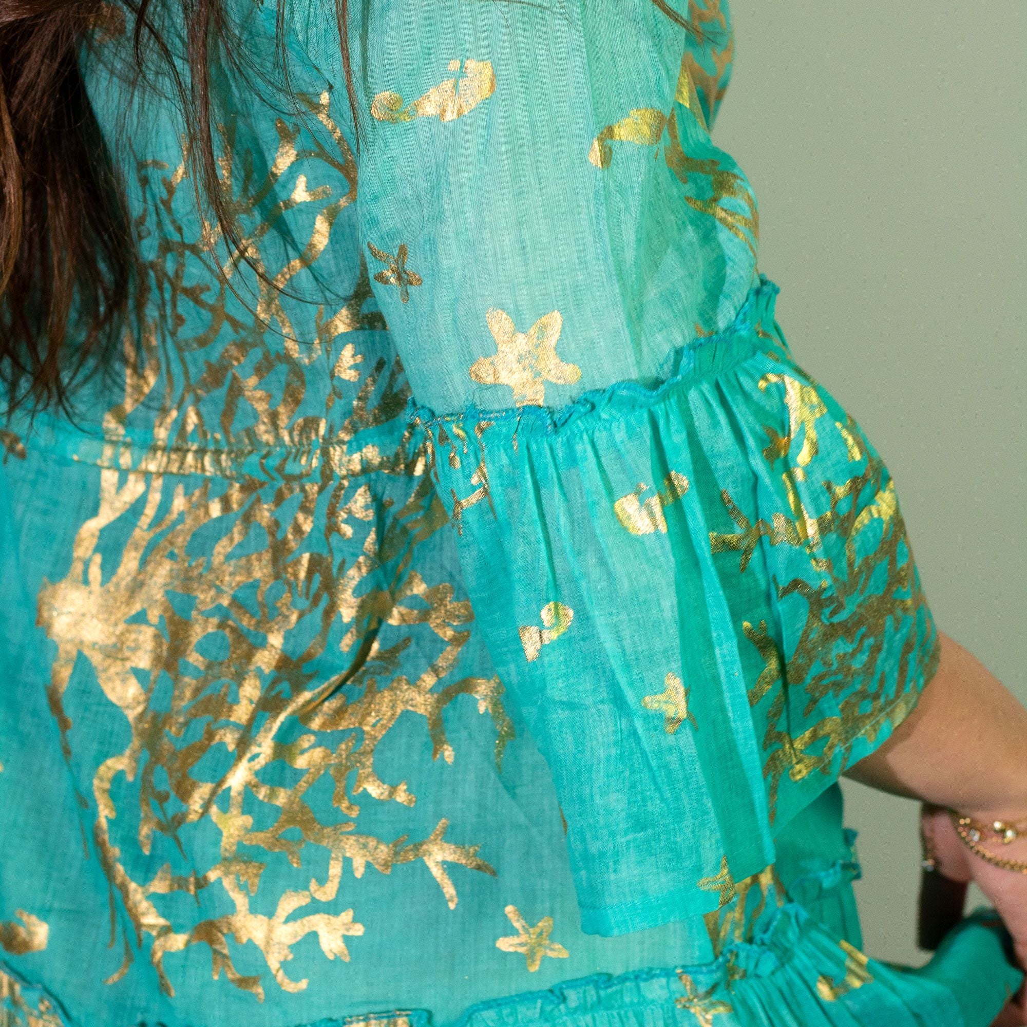 Nomad Sari Turquoise & Gold Coral Print Dress (M/L) 🇬🇧