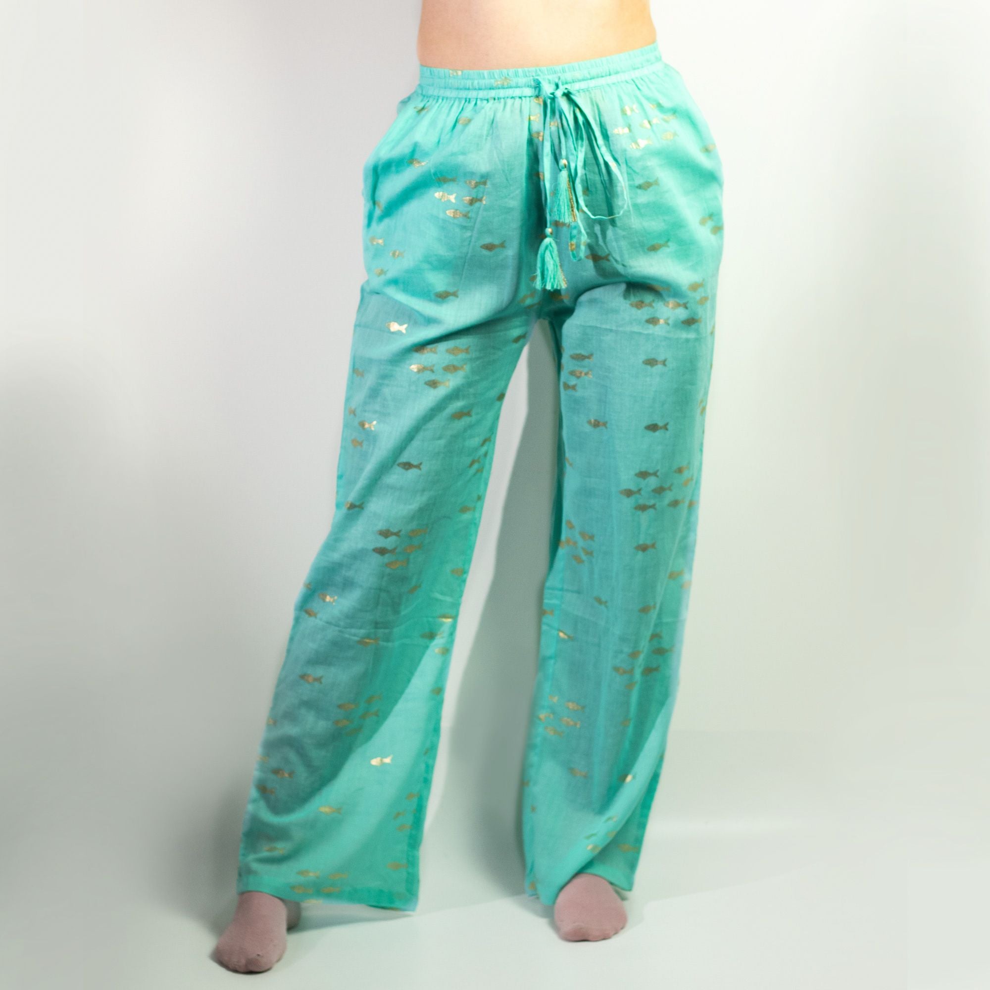Nomad Sari Lounge Pants (L/XL) – Turquoise with Hand-Painted Gold Fish Design 🇬🇧