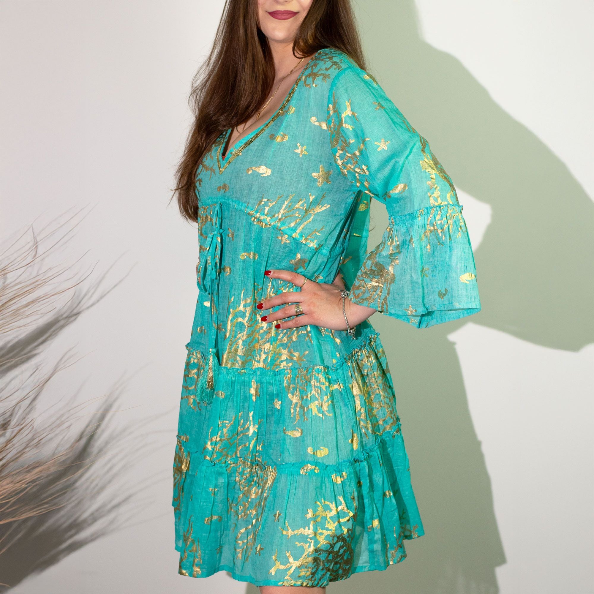 Nomad Sari Turquoise & Gold Coral Print Dress (L/XL) 🇬🇧