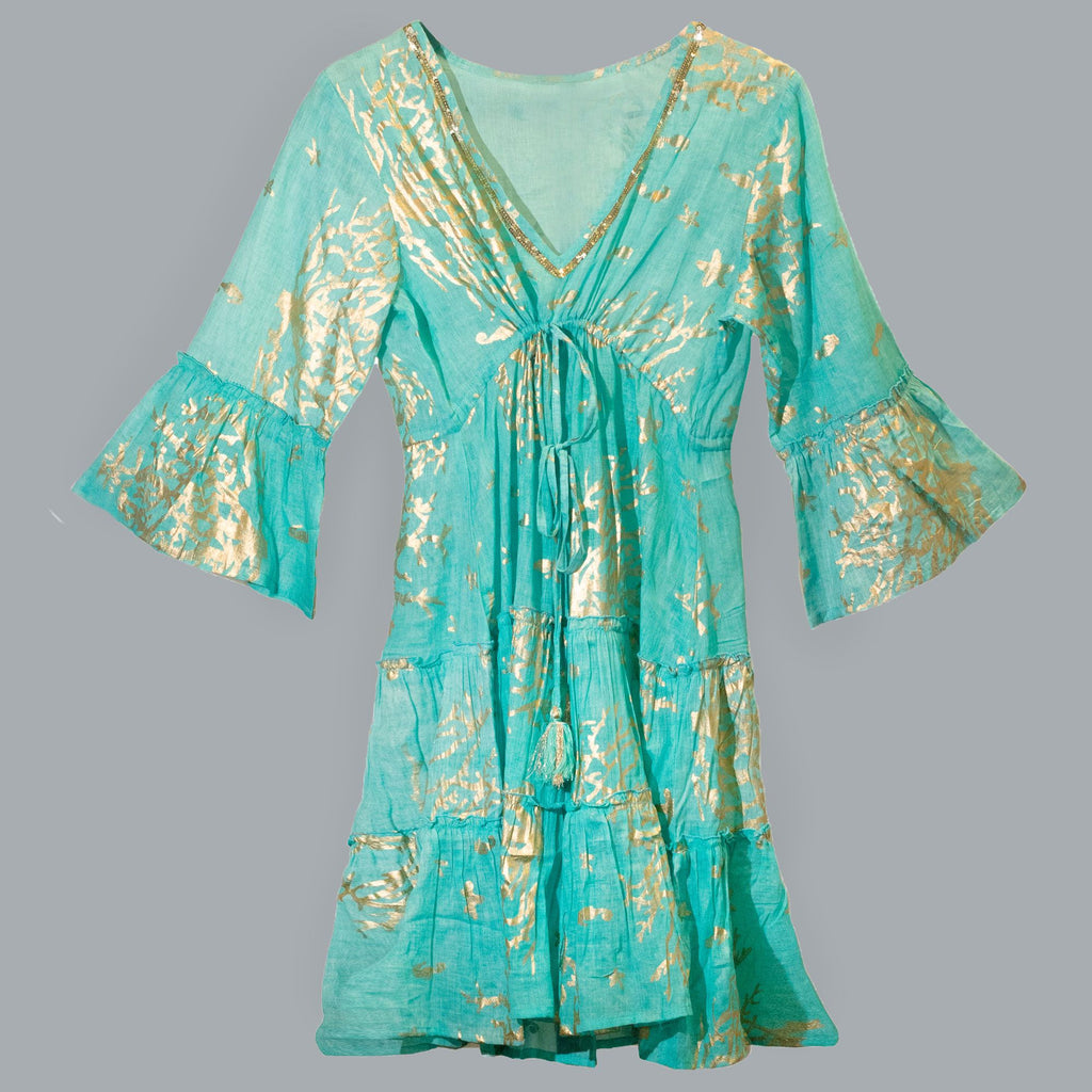Nomad Sari Turquoise & Gold Coral Print Dress (M/L) 🇬🇧