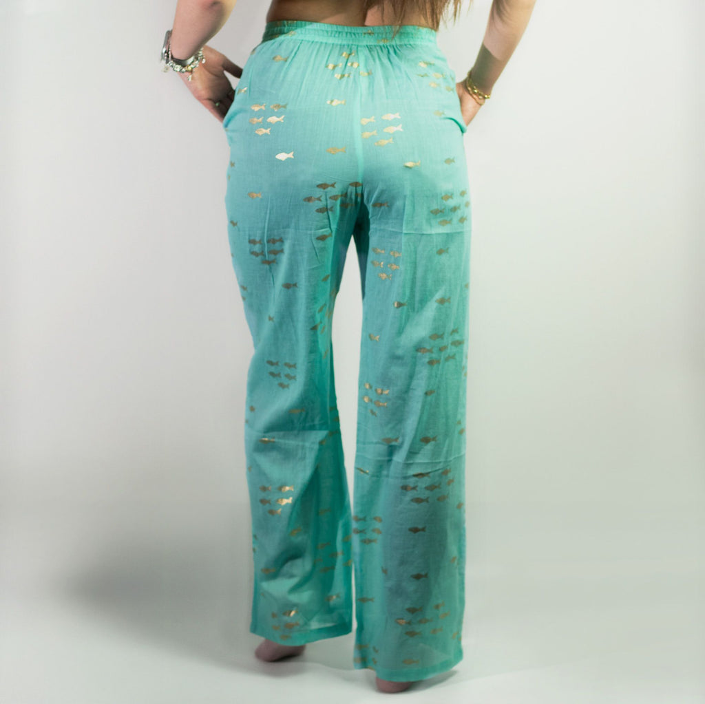 Nomad Sari Lounge Pants (L/XL) – Turquoise with Hand-Painted Gold Fish Design 🇬🇧