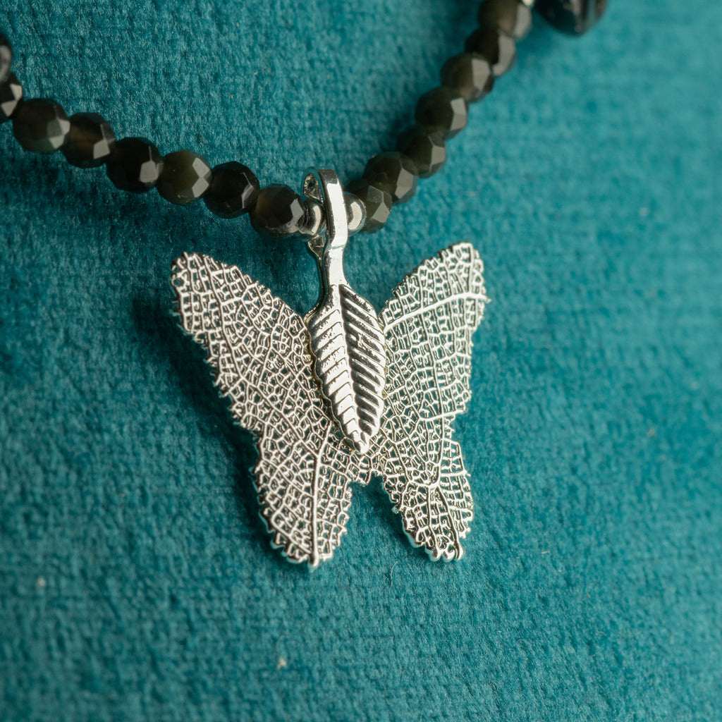 Nymph Black Obsidian Gemstone Necklace with Real Leaf Butterfly Pendant 🇬🇧