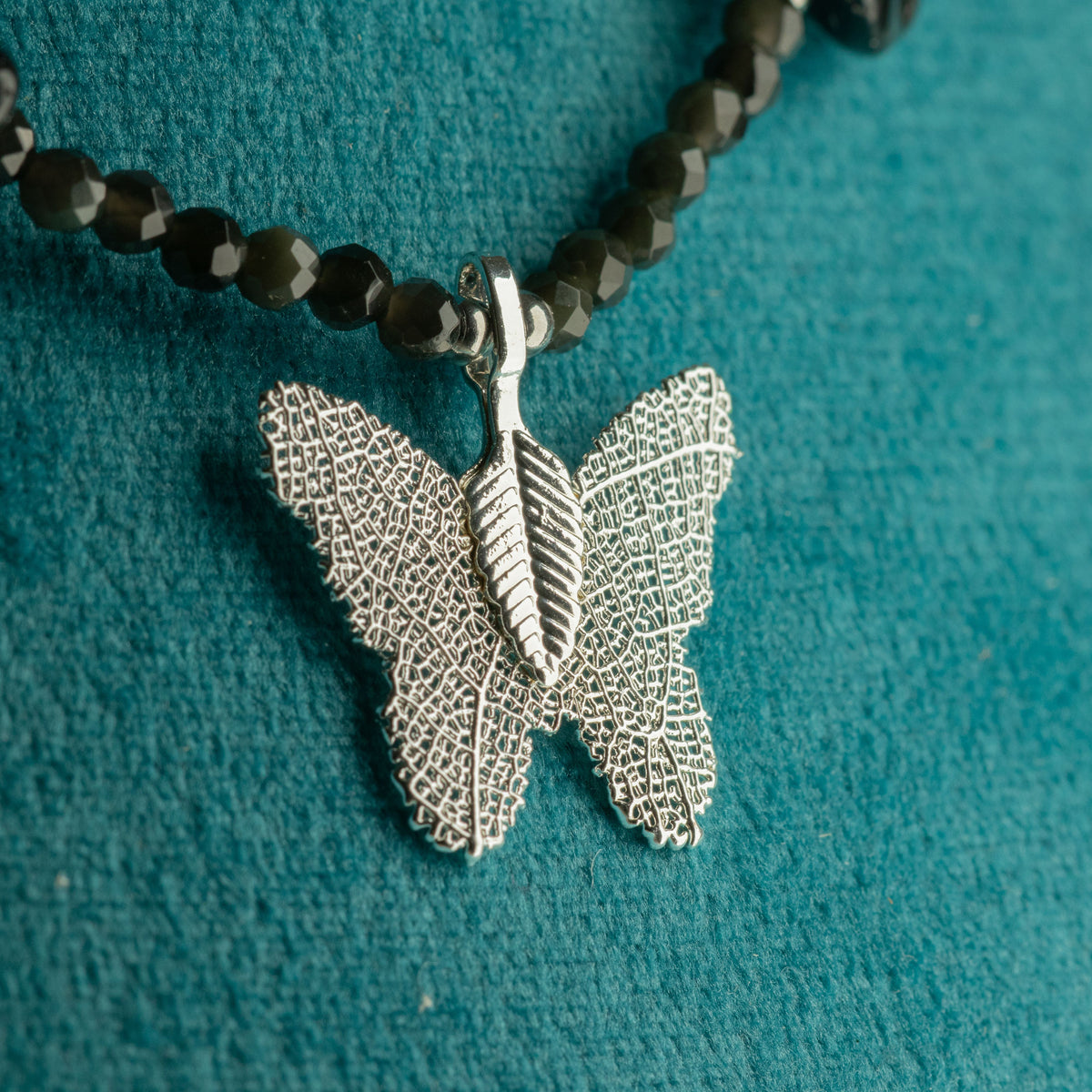 Nymph Black Obsidian Gemstone Necklace with Real Leaf Butterfly Pendant 🇬🇧