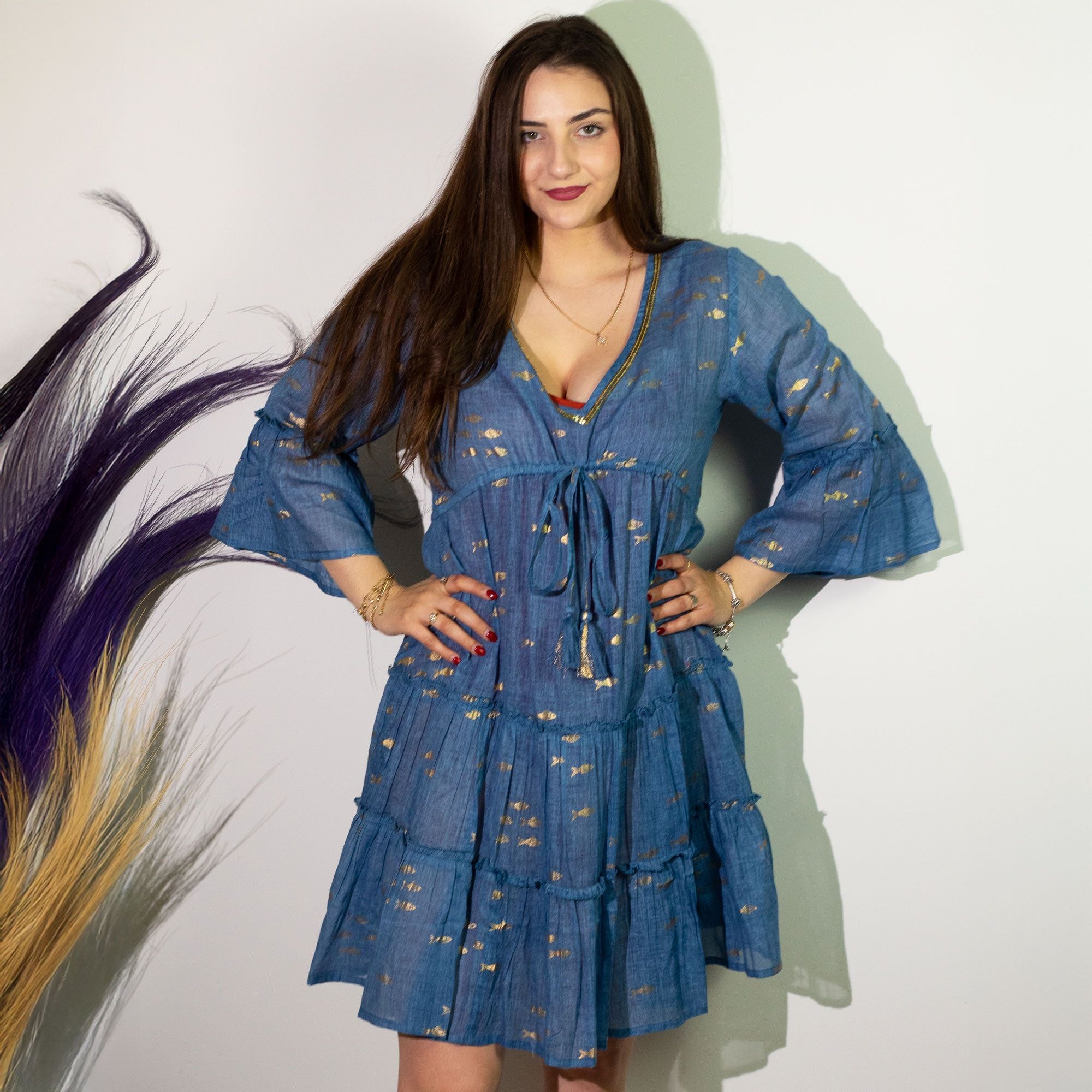 Nomad Sari Sea Blue & Gold Fish Print Dress (L/XL) 🇬🇧