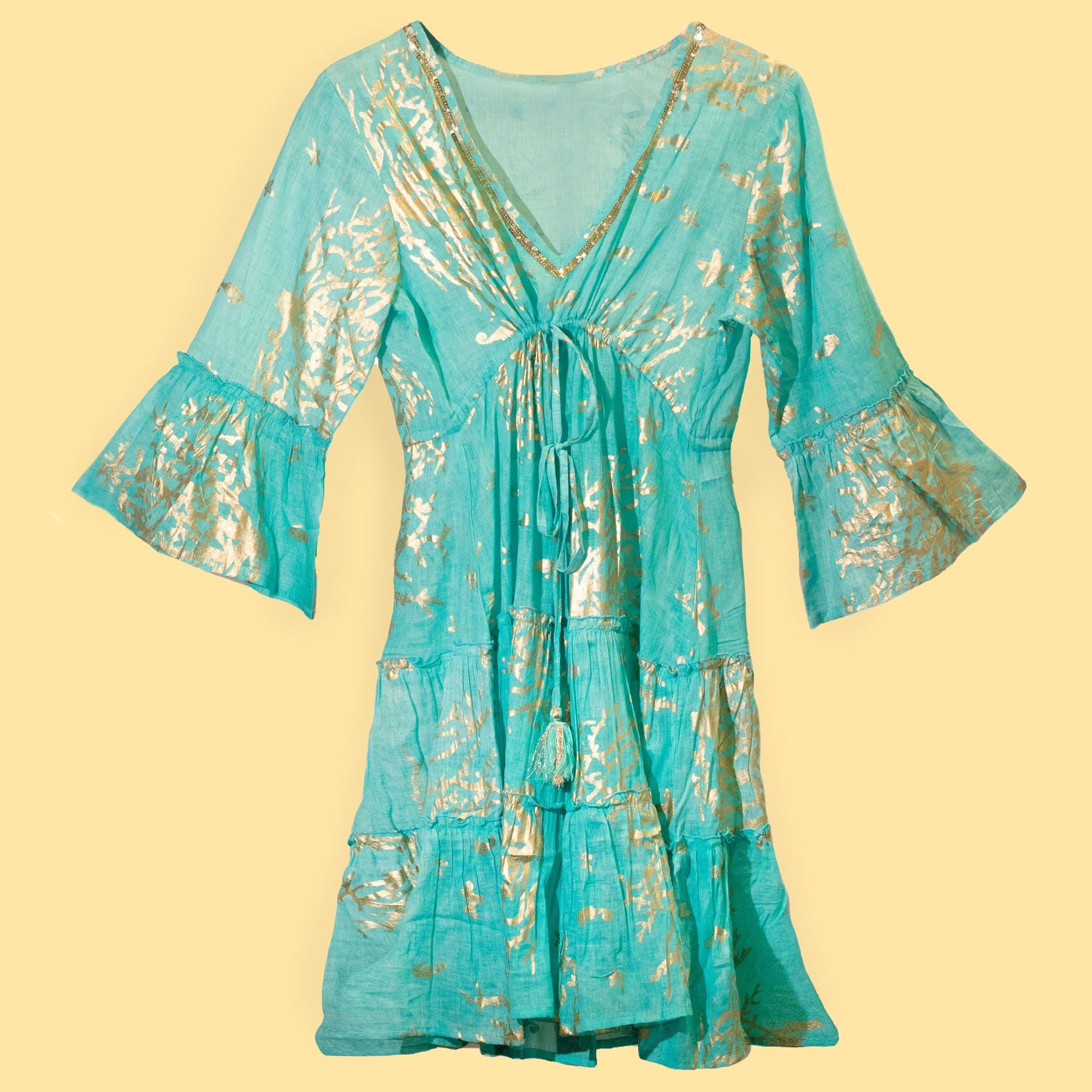 Nomad Sari Turquoise & Gold Coral Print Dress (M/L) 🇬🇧
