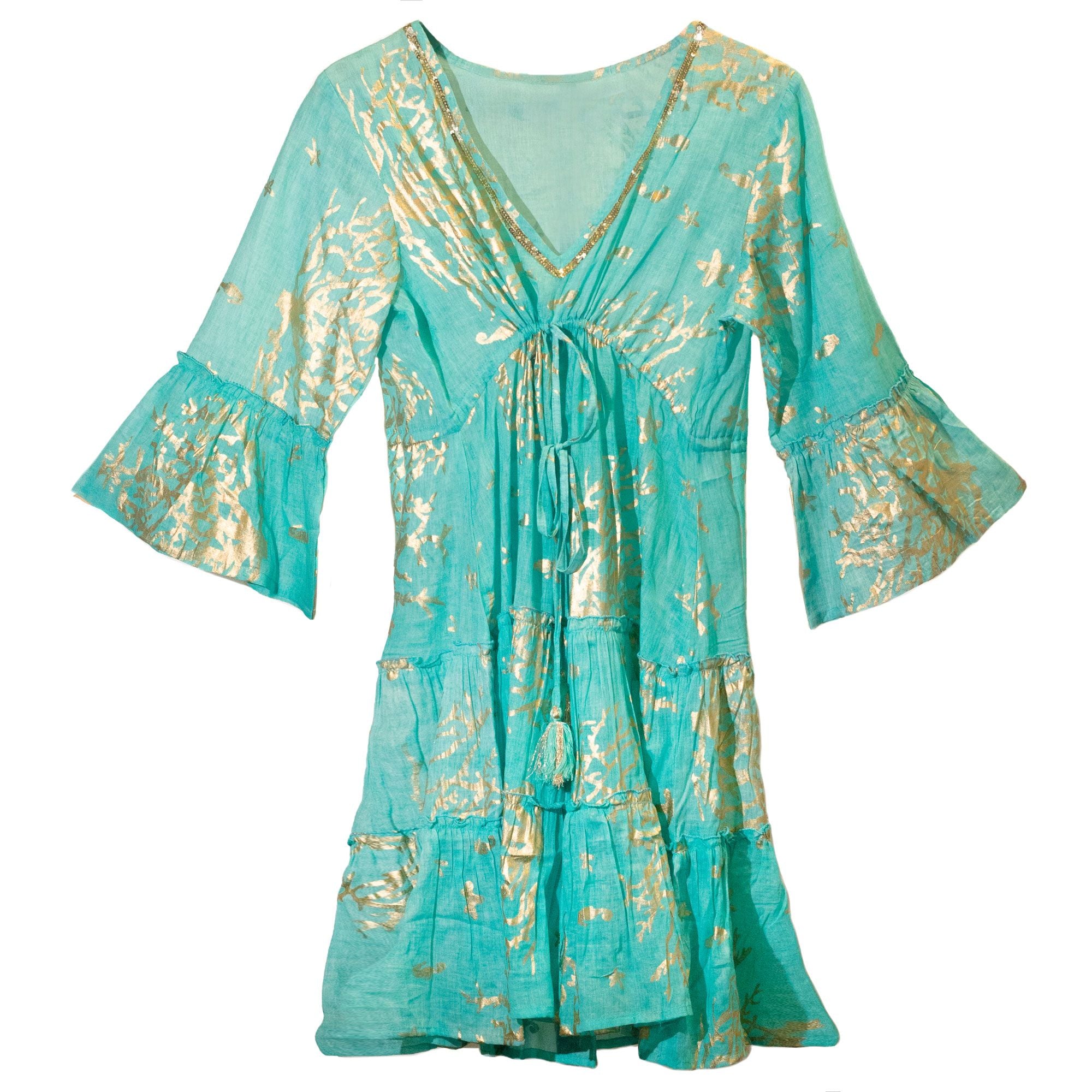 Nomad Sari Turquoise & Gold Coral Print Dress (L/XL) 🇬🇧