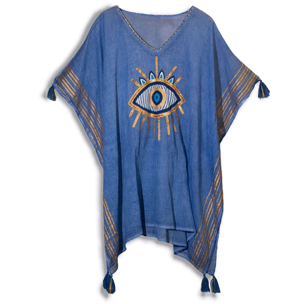 Nomad Sari Kaftan – Rich Blue & Gold Evil Eye Print 🇬🇧