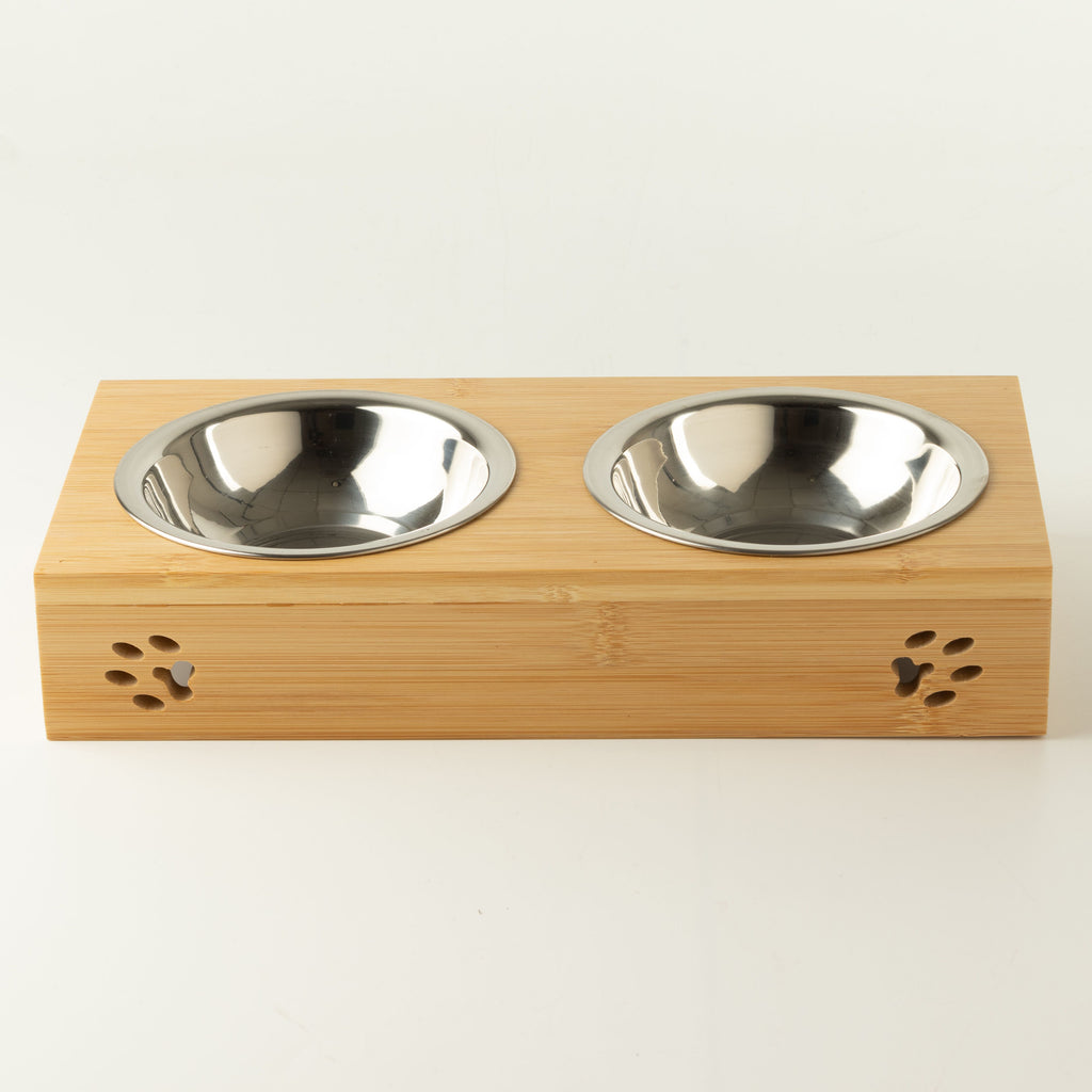 PAW Food Bowls - Double Stainless Steel in Wooden Stand - 2x12cm 🇬🇧