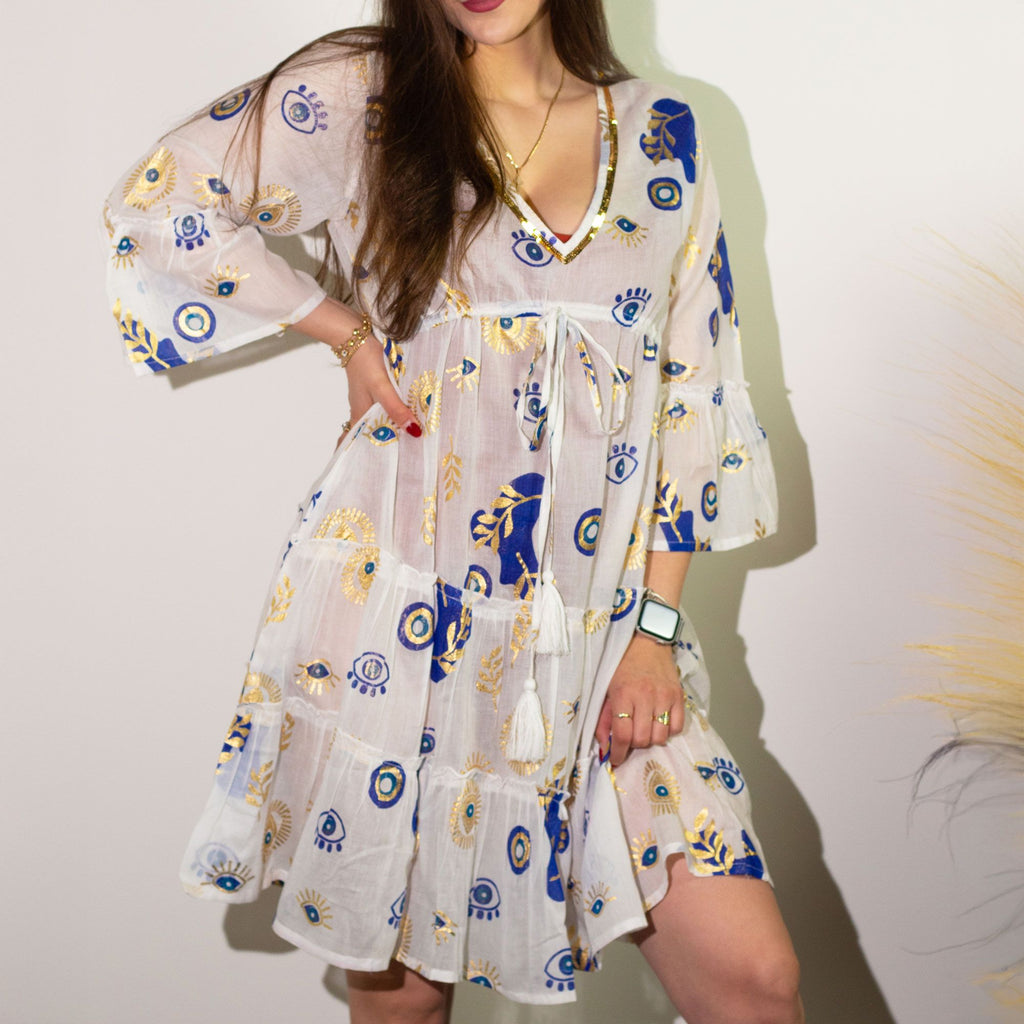 Nomad Sari Evil Eye Dress – White, Blue & Gold – Size M/L 🇬🇧