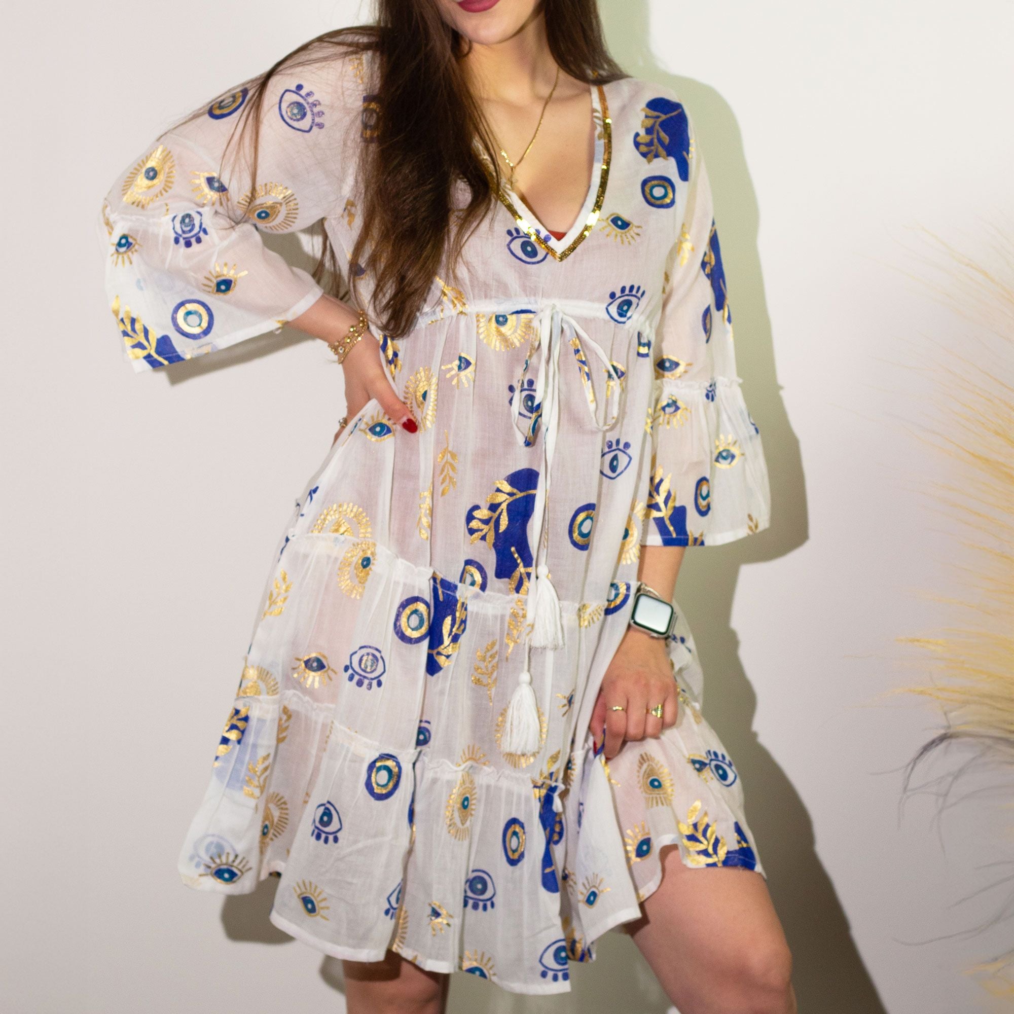 Nomad Sari Evil Eye Dress – White, Blue & Gold – Size M/L 🇬🇧