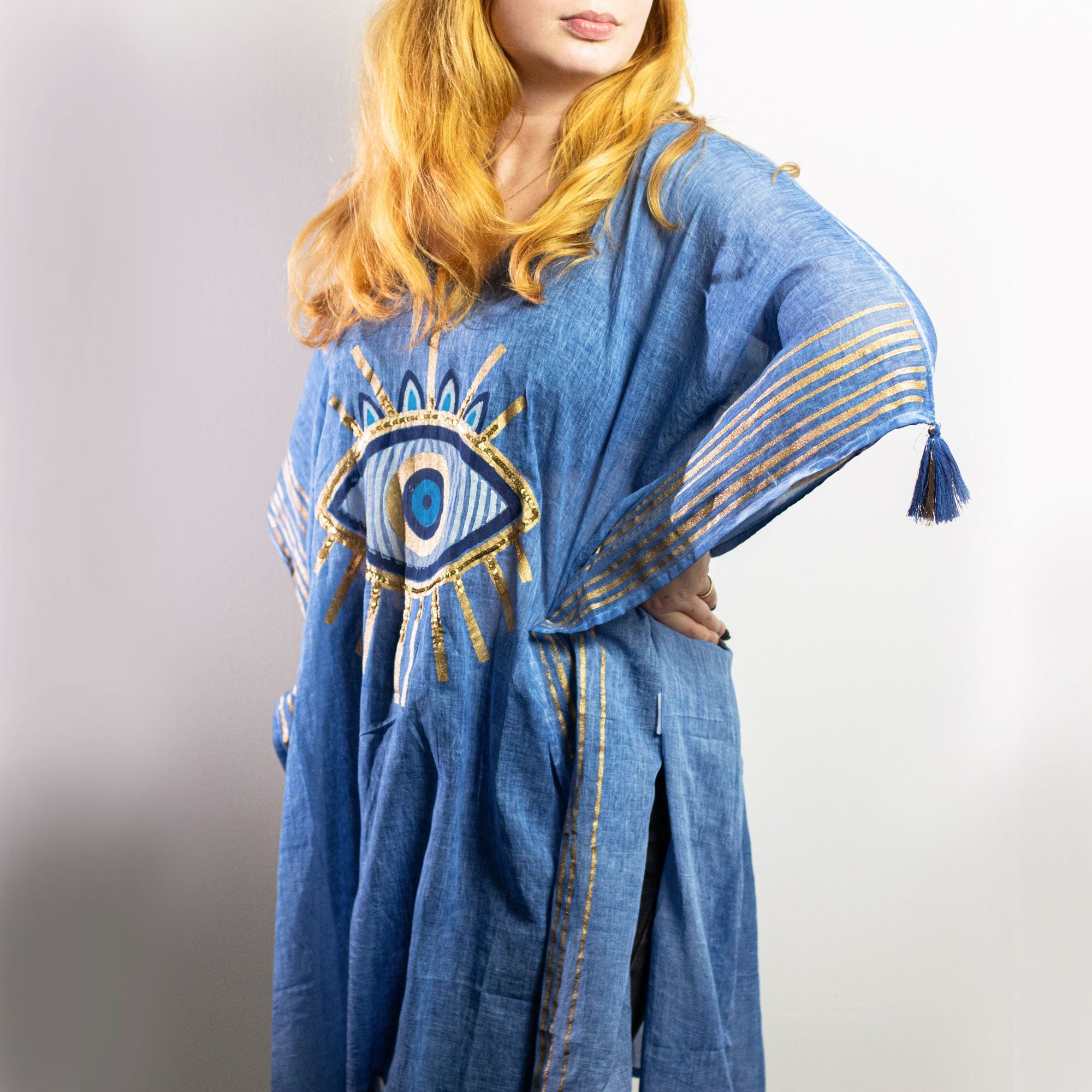 Nomad Sari Kaftan – Rich Blue & Gold Evil Eye Print 🇬🇧