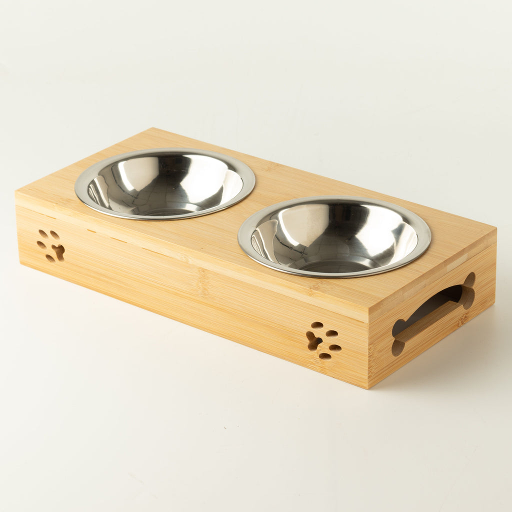 PAW Food Bowls - Double Stainless Steel in Wooden Stand - 2x12cm 🇬🇧