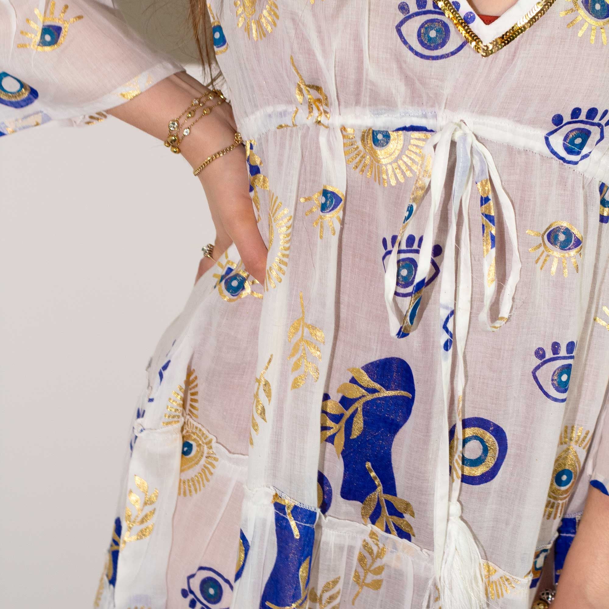 Nomad Sari Evil Eye Dress – White, Blue & Gold – Size M/L 🇬🇧