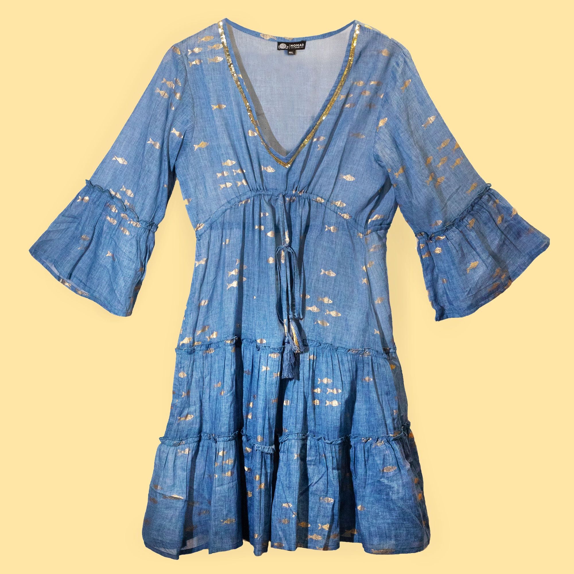Nomad Sari Sea Blue & Gold Fish Print Dress (L/XL) 🇬🇧