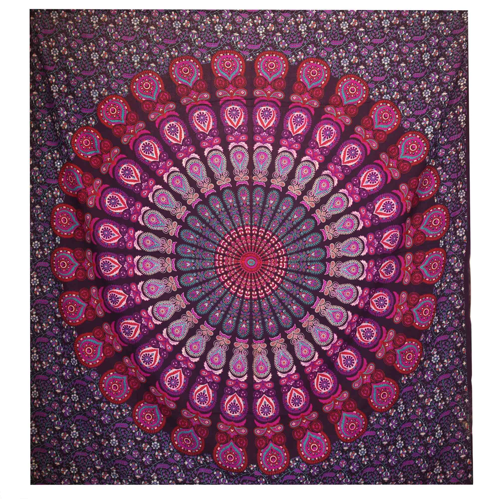 Double Cotton Bedspread + Wall Hanging - Peacock Mandala - Purple 🇬🇧
