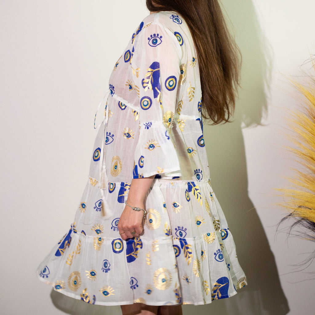 Nomad Sari Evil Eye Dress – White, Blue & Gold – Size M/L 🇬🇧