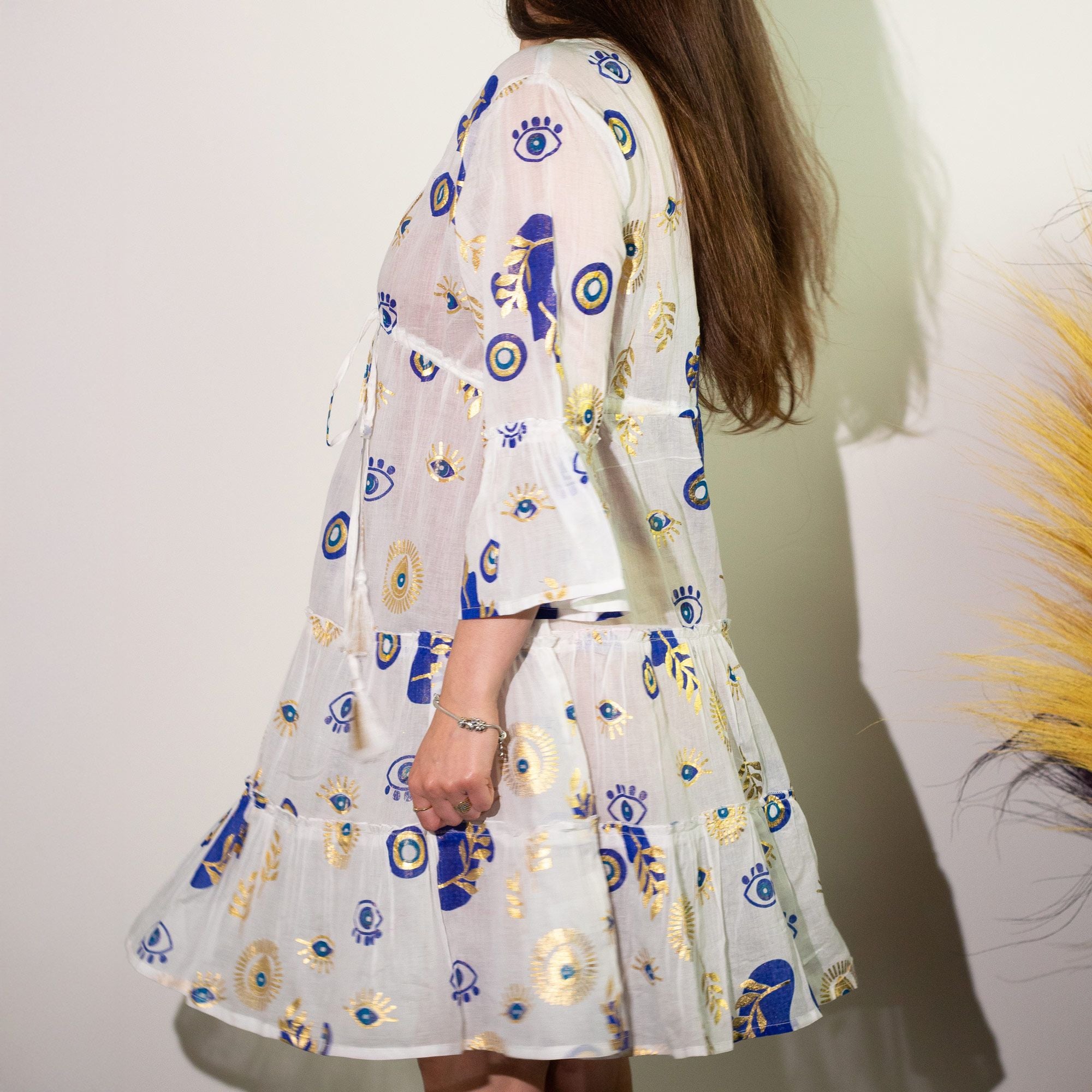 Nomad Sari Evil Eye Dress – White, Blue & Gold – Size M/L 🇬🇧