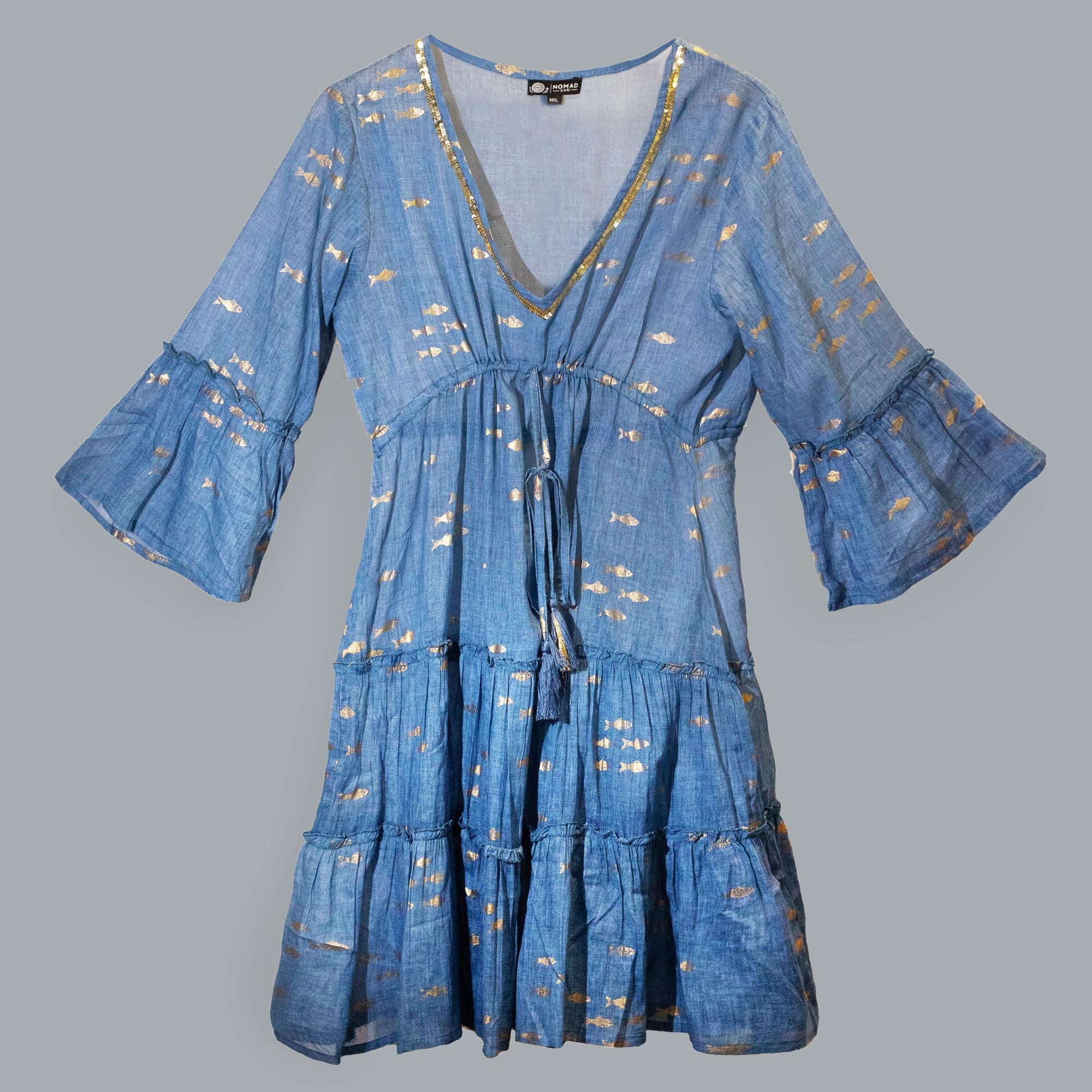 Nomad Sari Sea Blue & Gold Fish Print Dress (M/L) 🇬🇧