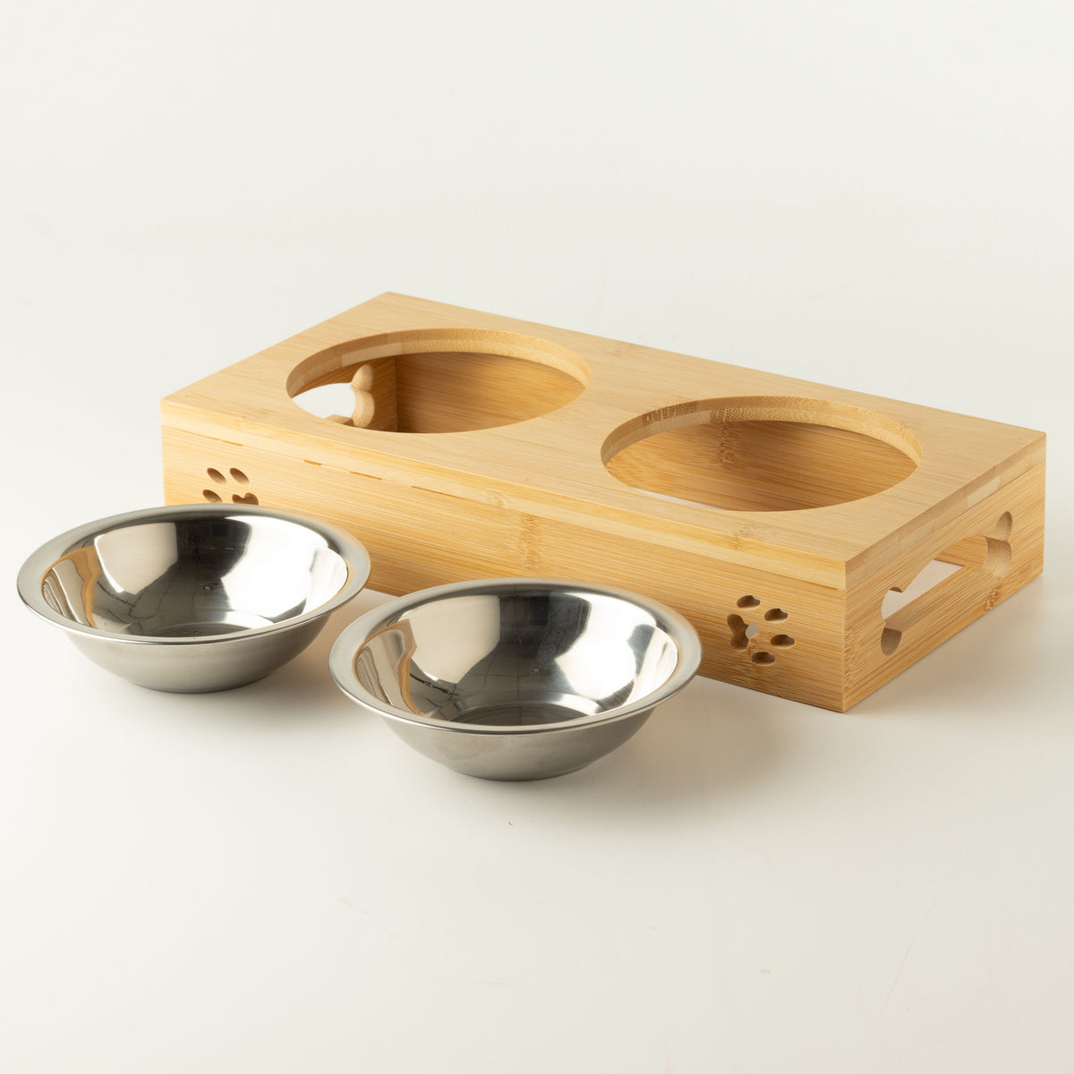 PAW Food Bowls - Double Stainless Steel in Wooden Stand - 2x12cm 🇬🇧