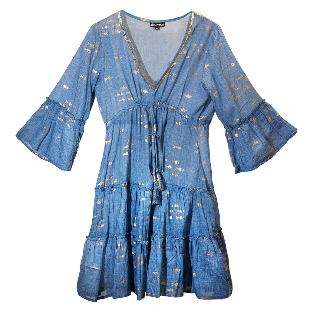 Nomad Sari Sea Blue & Gold Fish Print Dress (M/L) 🇬🇧