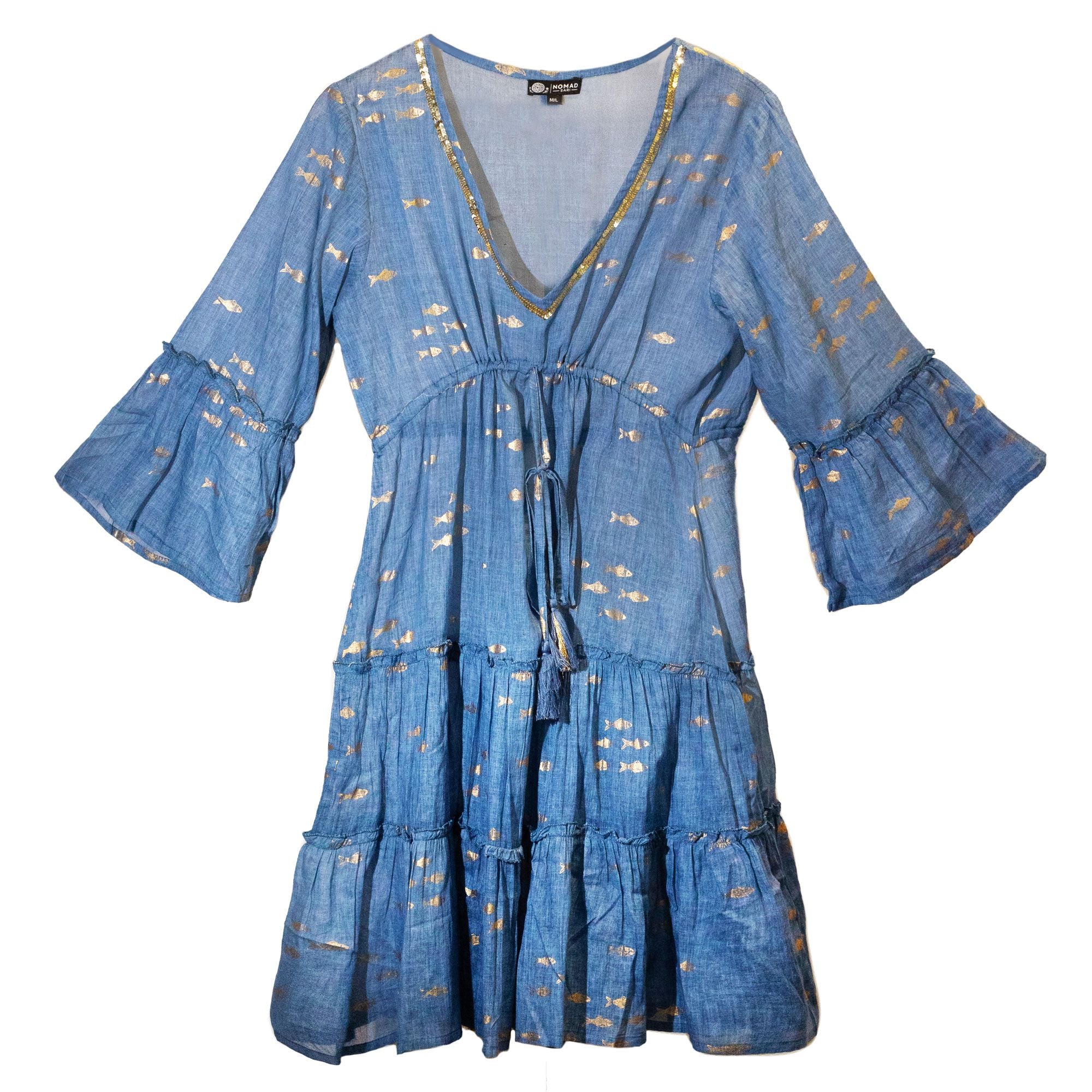 Nomad Sari Sea Blue & Gold Fish Print Dress (M/L) 🇬🇧