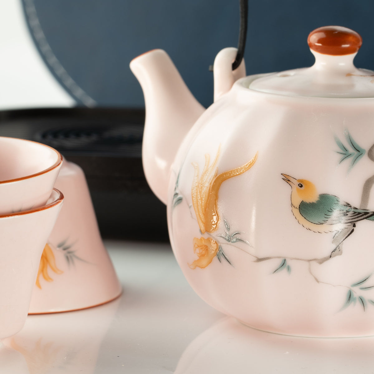 Travel Teapot Set & Four Cups - Pink Vintage Pumpkin Style 🇬🇧