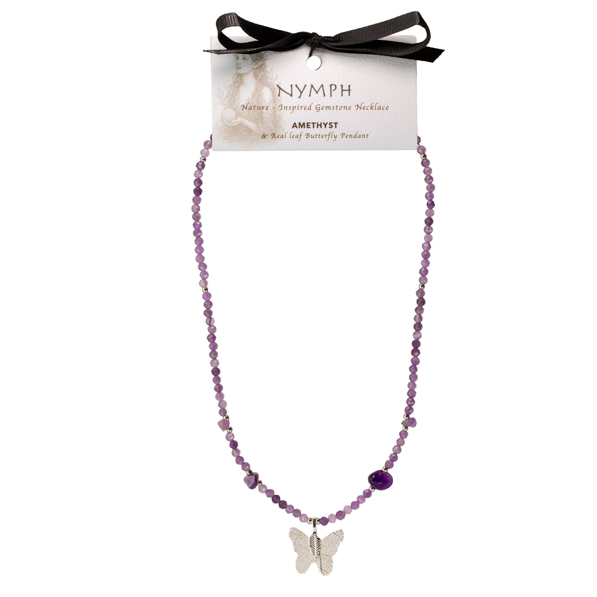 Nymph Amethyst Gemstone Necklace with Real Leaf Butterfly Pendant 🇬🇧