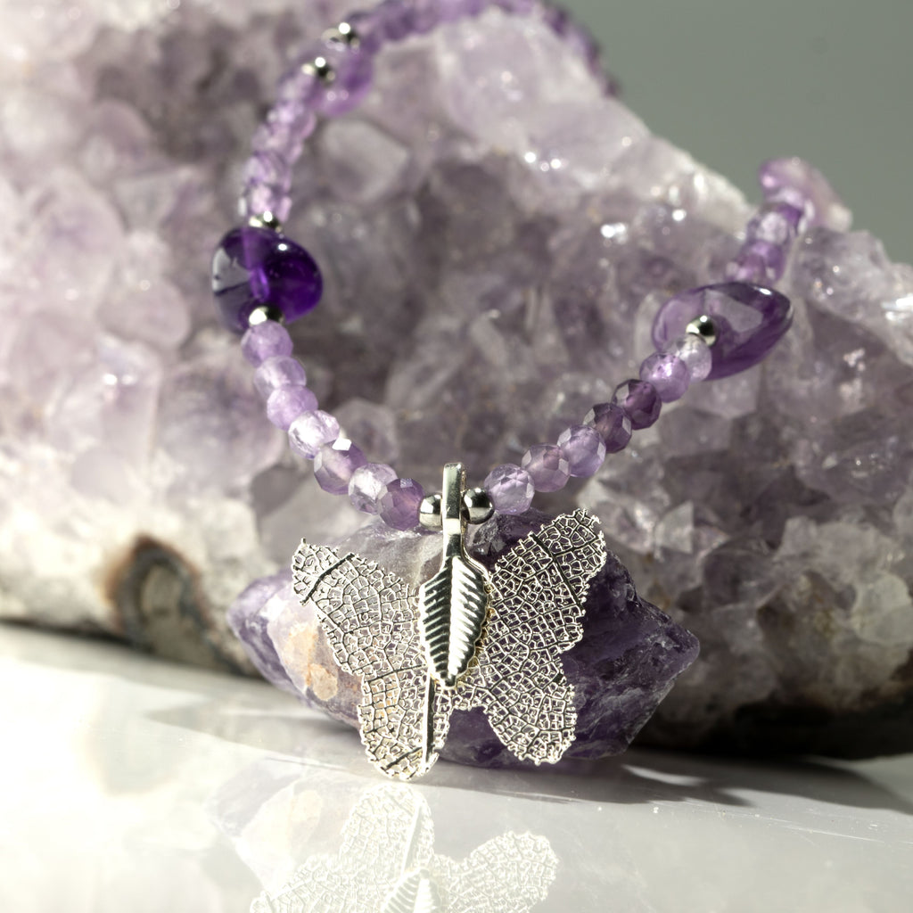 Nymph Amethyst Gemstone Necklace with Real Leaf Butterfly Pendant 🇬🇧