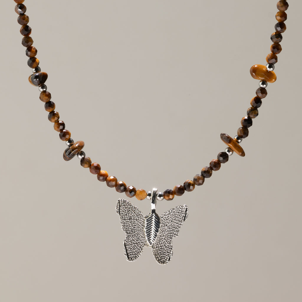 Nymph Tiger's Eye Gemstone Necklace with Real Leaf Butterfly Pendant 🇬🇧