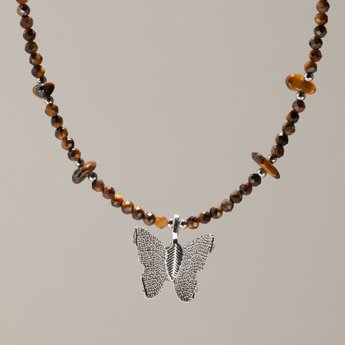 Nymph Tiger's Eye Gemstone Necklace with Real Leaf Butterfly Pendant 🇬🇧