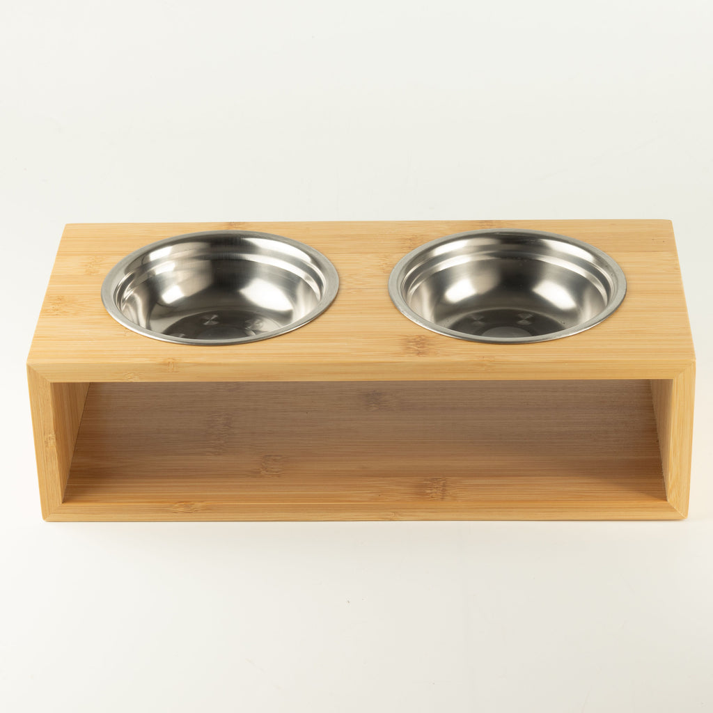 PAW Food Bowls - Large Double Stainless Steel (201) in Wooden Stand - 2x13cm 🇬🇧
