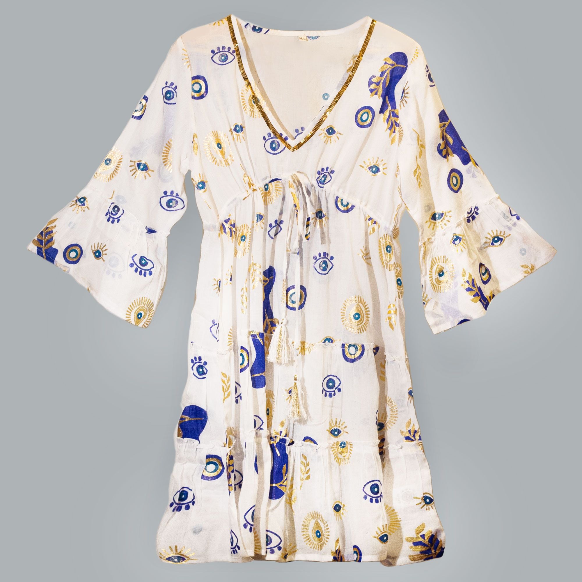Nomad Sari Evil Eye Dress – White, Blue & Gold – Size M/L 🇬🇧