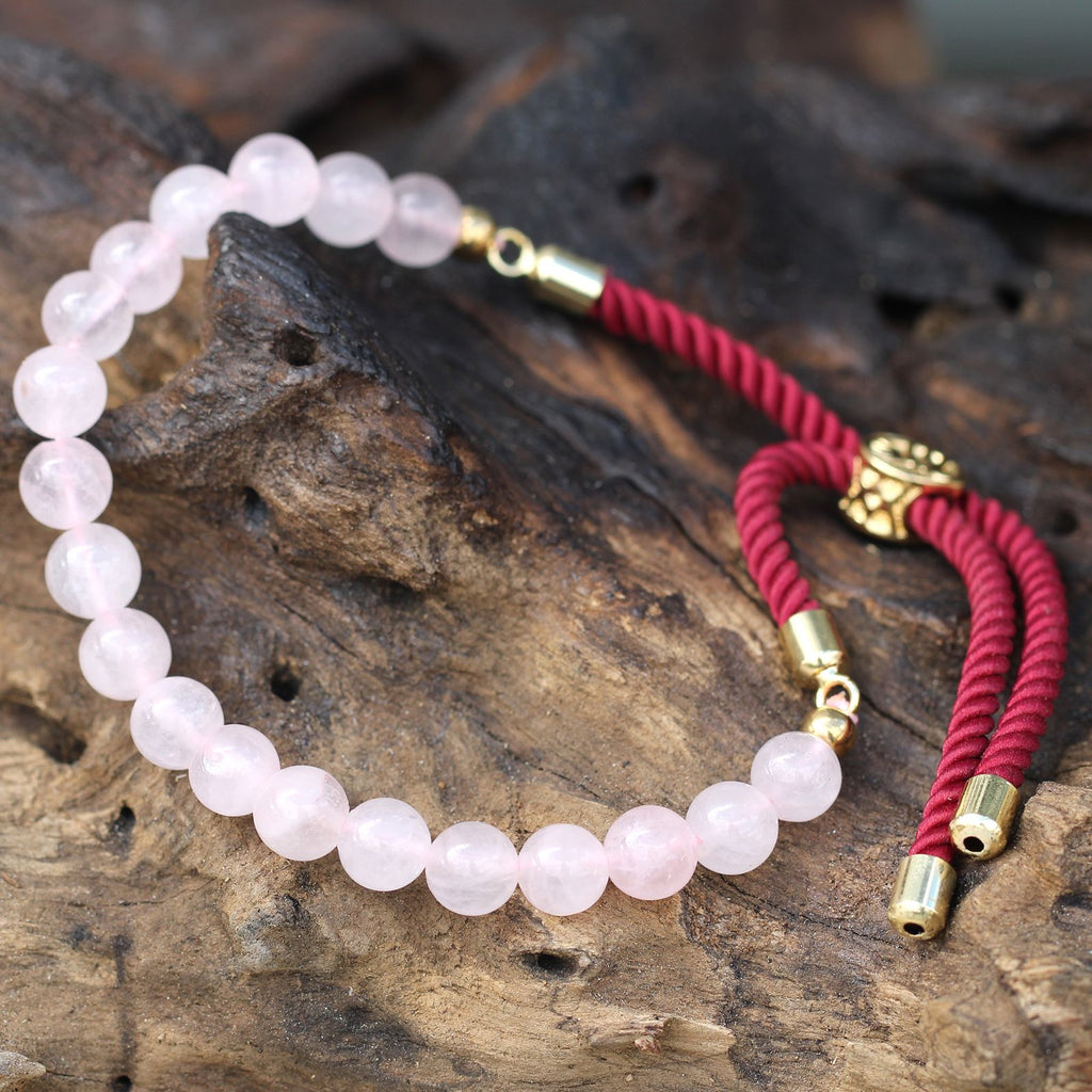 18K Gold Plated Gemstone Bordeaux String Bracelet - Rose Quartz 🇬🇧