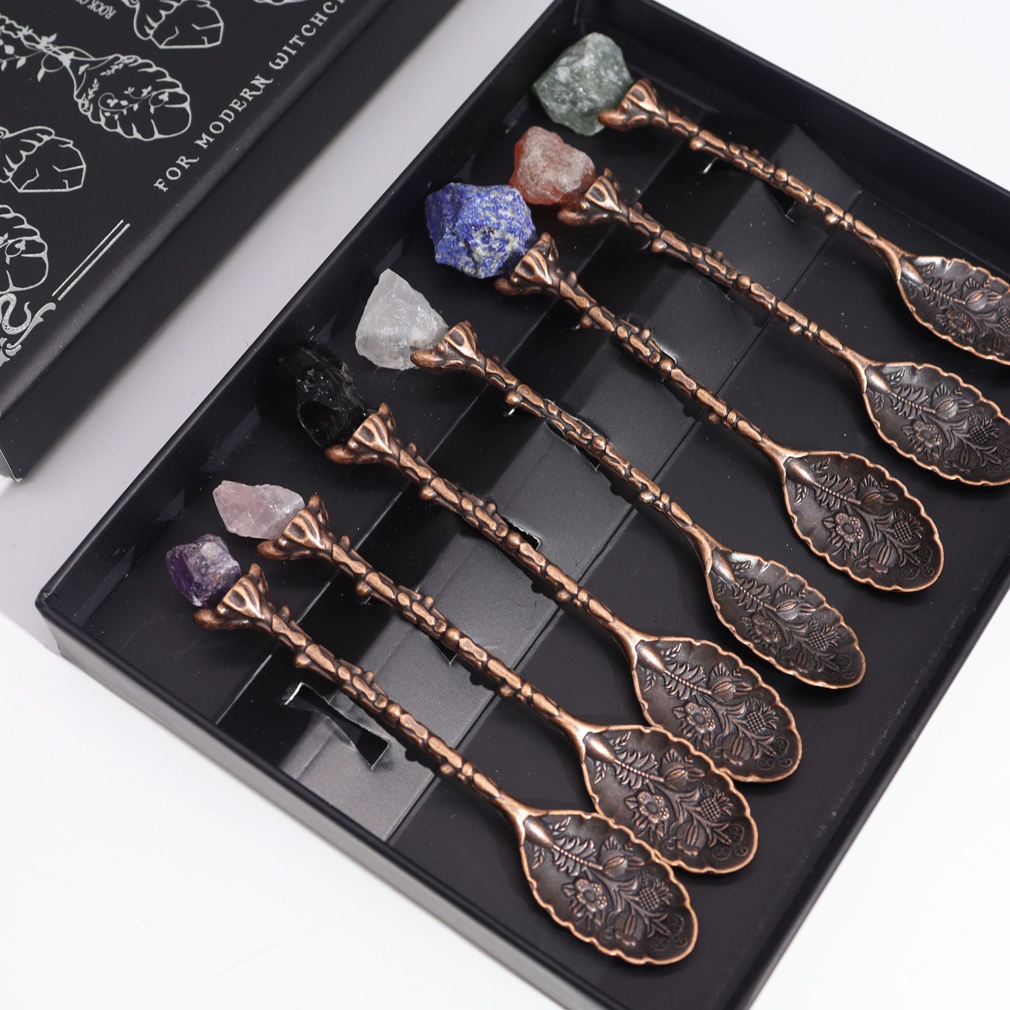 Set of 7 Bronze Gemstone Crystal Witch Spoons 🇬🇧