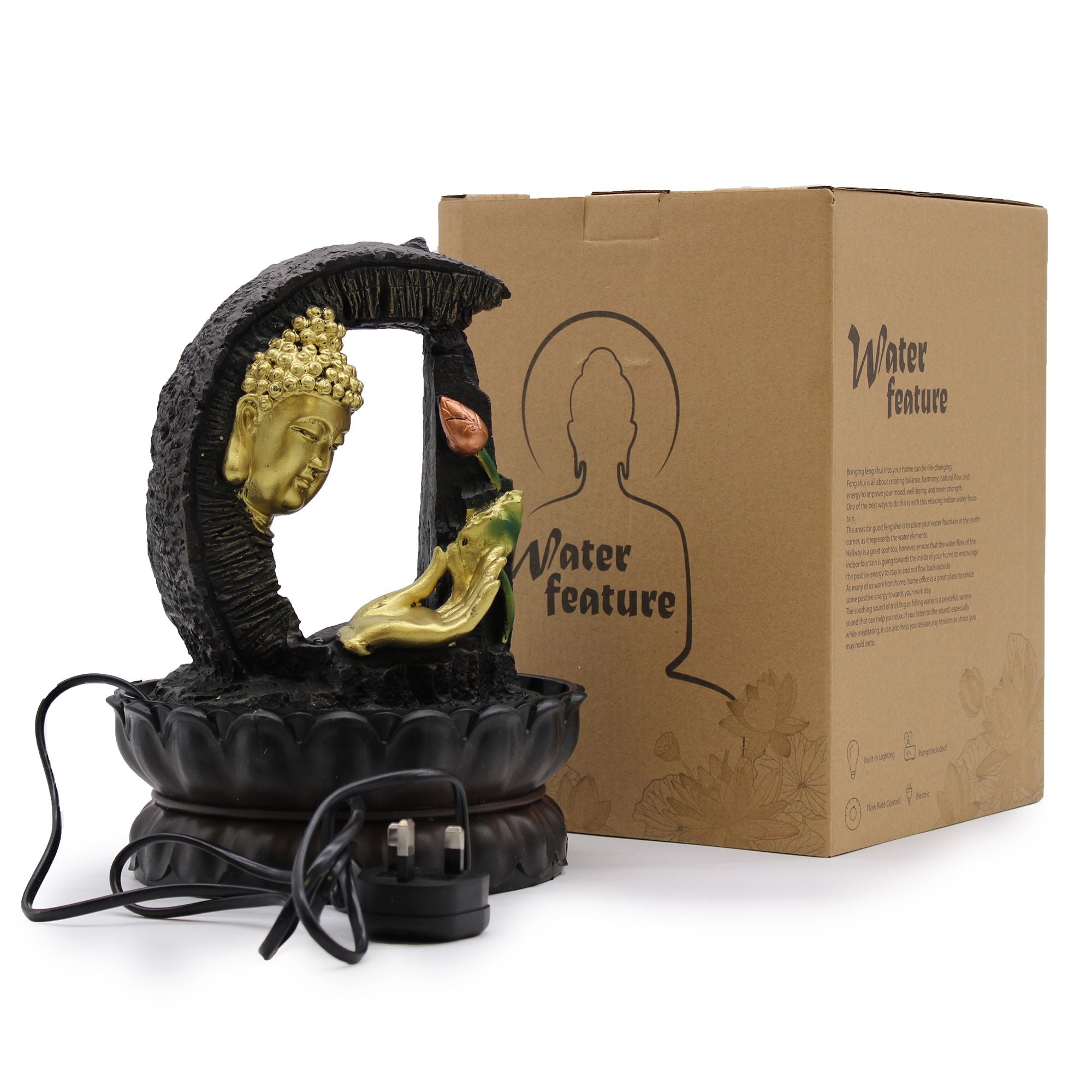 Tabletop Water Feature - 30cm - Golden Buddha & Lotus 🇬🇧