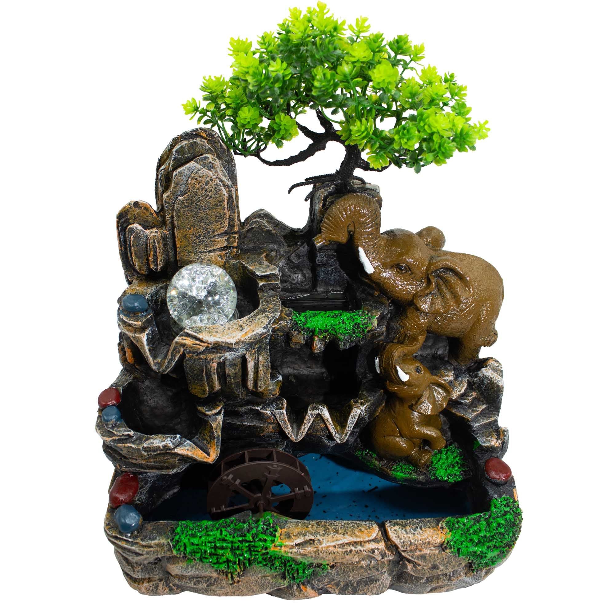 Elephants in Love Tabletop Water Feature with Crystal Ball, Light & Watermill (30x20x35cm) 🇬🇧