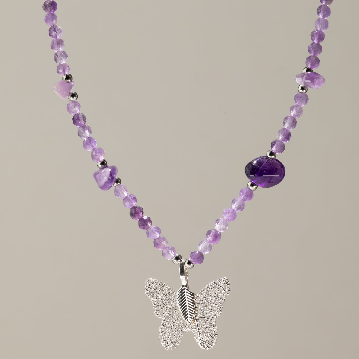 Nymph Amethyst Gemstone Necklace with Real Leaf Butterfly Pendant 🇬🇧