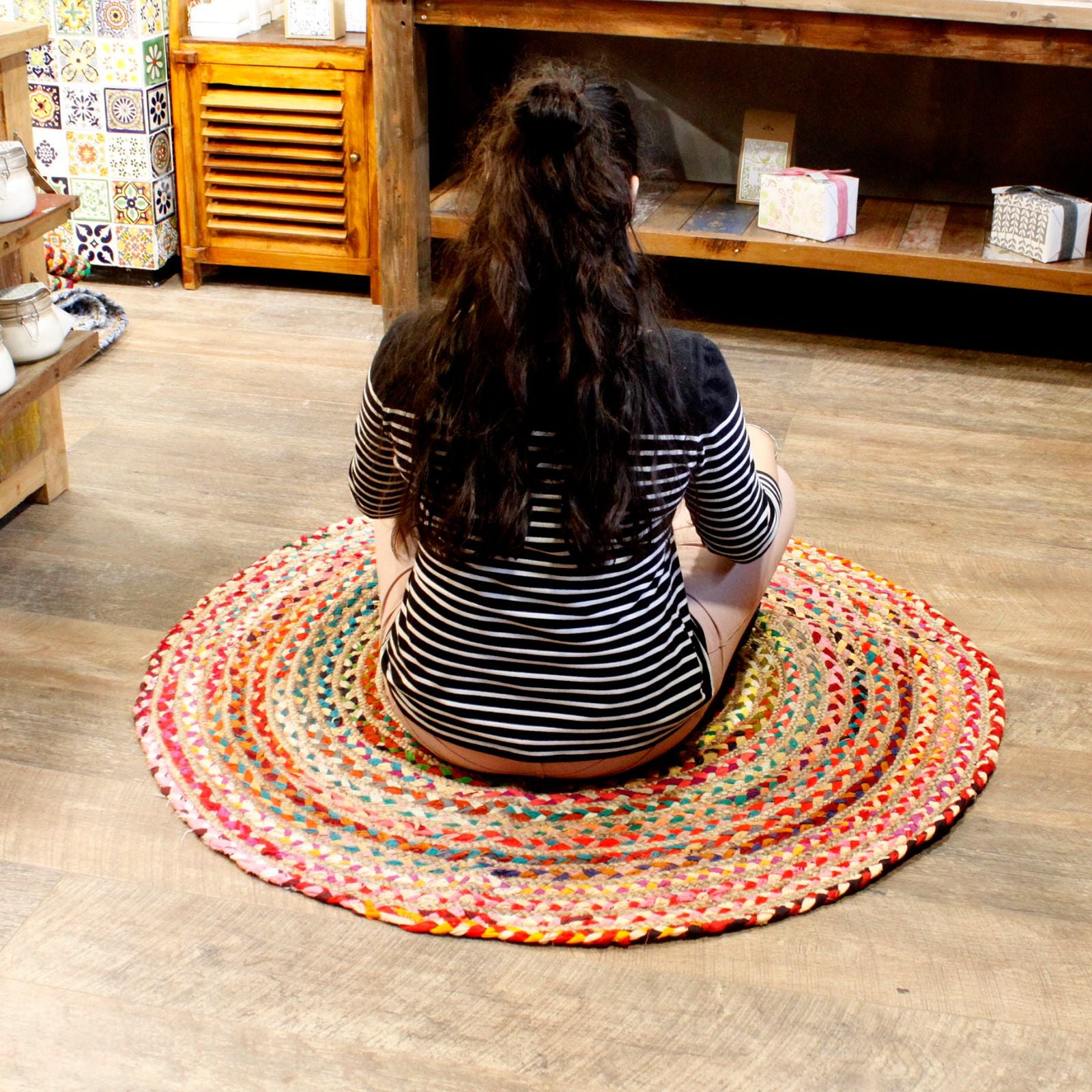 Round Jute and Recycled Cotton Rug - 120 cm 🇬🇧