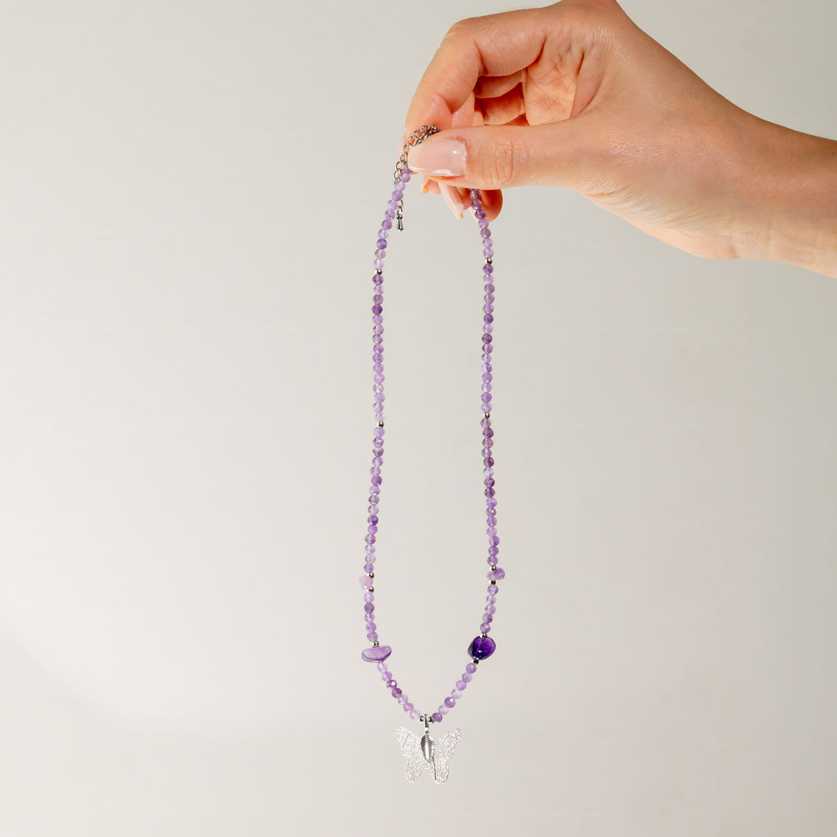 Nymph Amethyst Gemstone Necklace with Real Leaf Butterfly Pendant 🇬🇧
