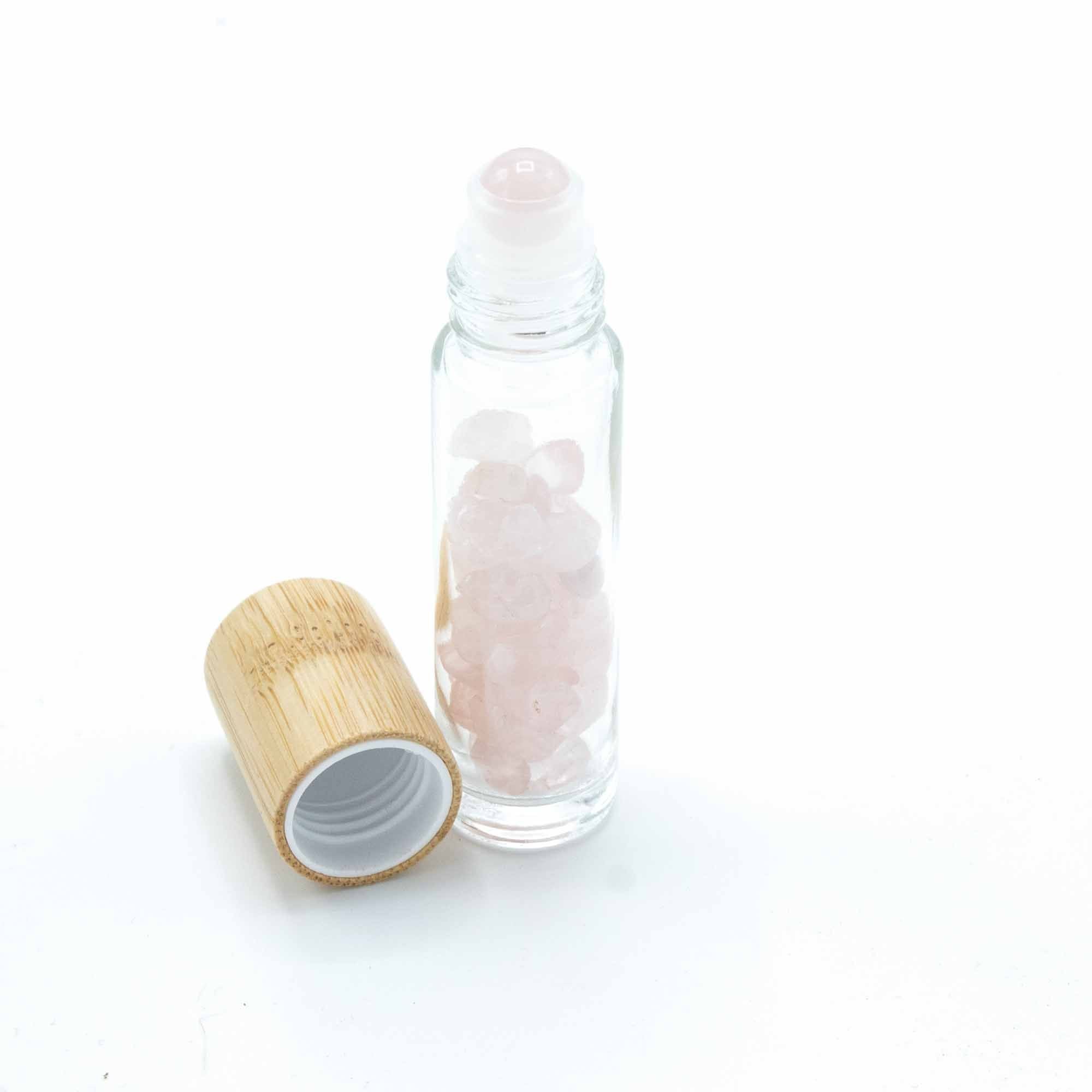 Gemstone Essential Oil Roller Bottle - Rose Quartz  - Wooden Cap 🇬🇧