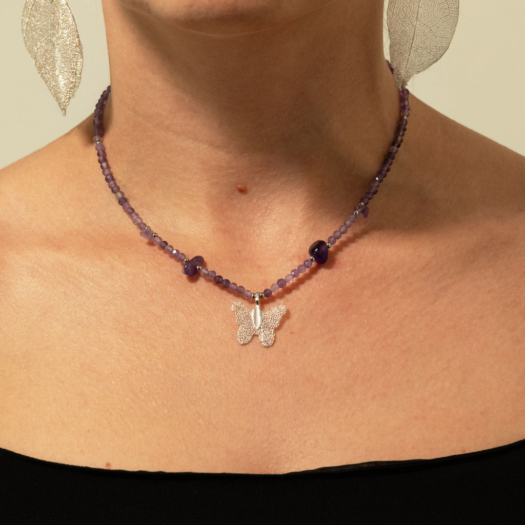 Nymph Amethyst Gemstone Necklace with Real Leaf Butterfly Pendant 🇬🇧